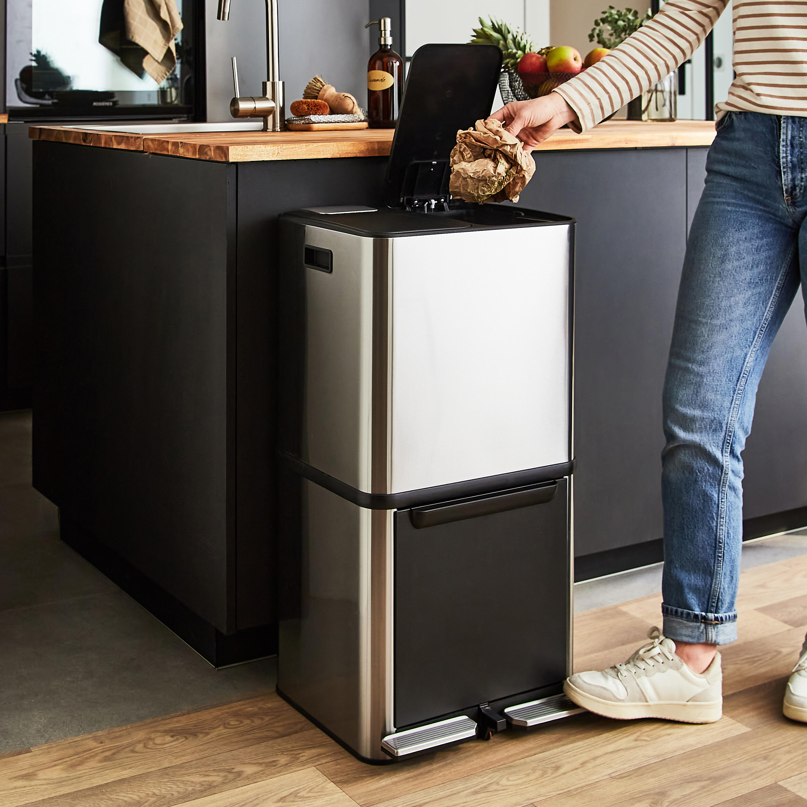Poubelle Cuisine à Pédale Klarstein Ökosystem – 3 Compartiments 15L Tri Sélectif, Acier Inoxydable