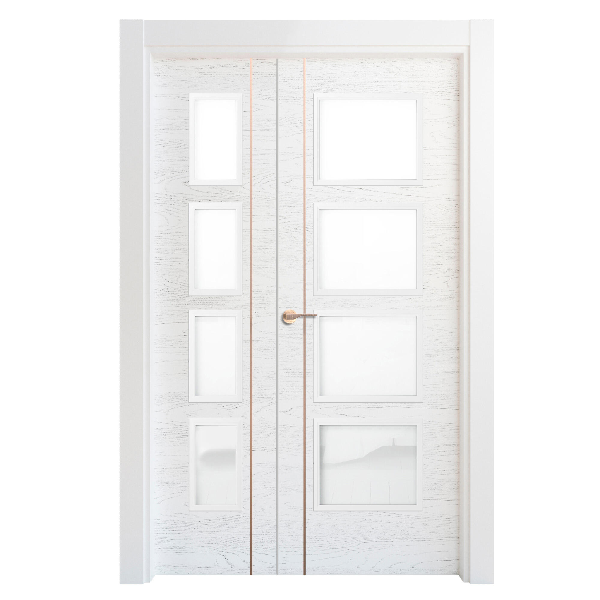Puerta de interior abatible doble vidriera con fijo con cristal incluido estructura maciza acabado lacado serie premium mencía blanco veteado apertura derecha cerco de 70 x 30 anchura 105 cm