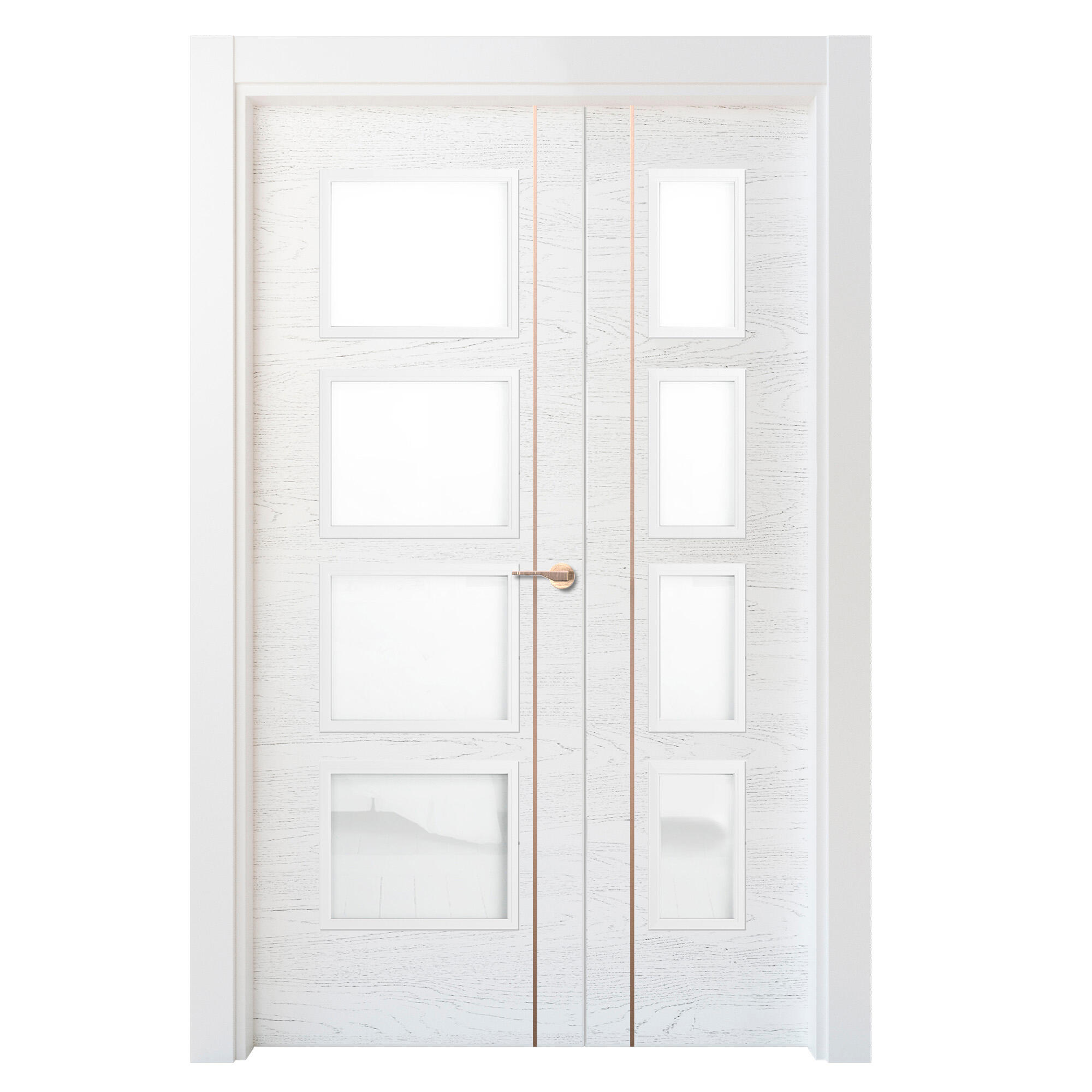 Puerta de interior abatible doble vidriera con fijo con cristal incluido estructura maciza acabado lacado serie premium mencía blanco veteado apertura izquierda cerco de 70 x 30 anchura 105 cm