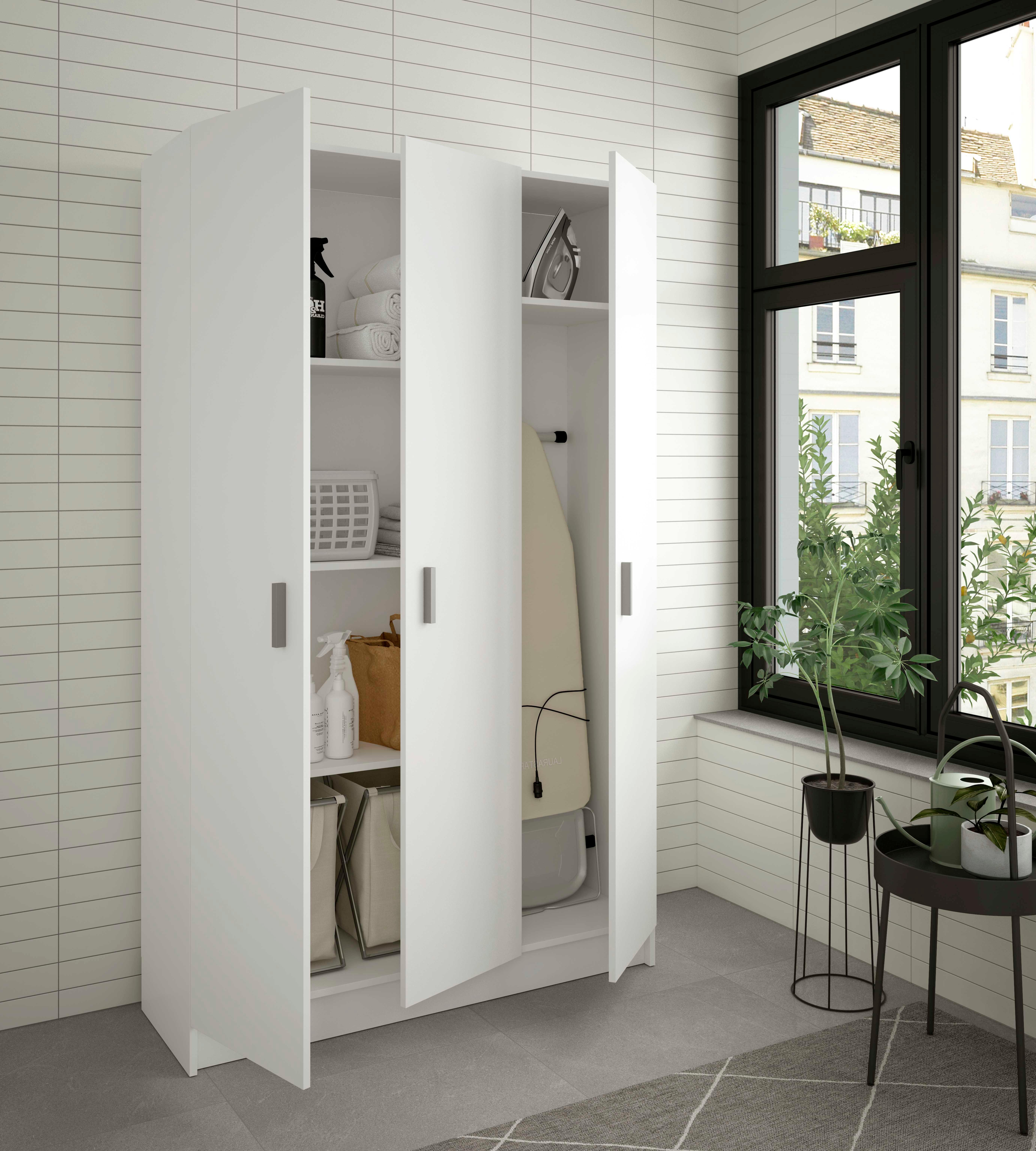 Armario escobero multiusos 180x109x37 cm, 3 puertas, 4 estantes regulables - 3