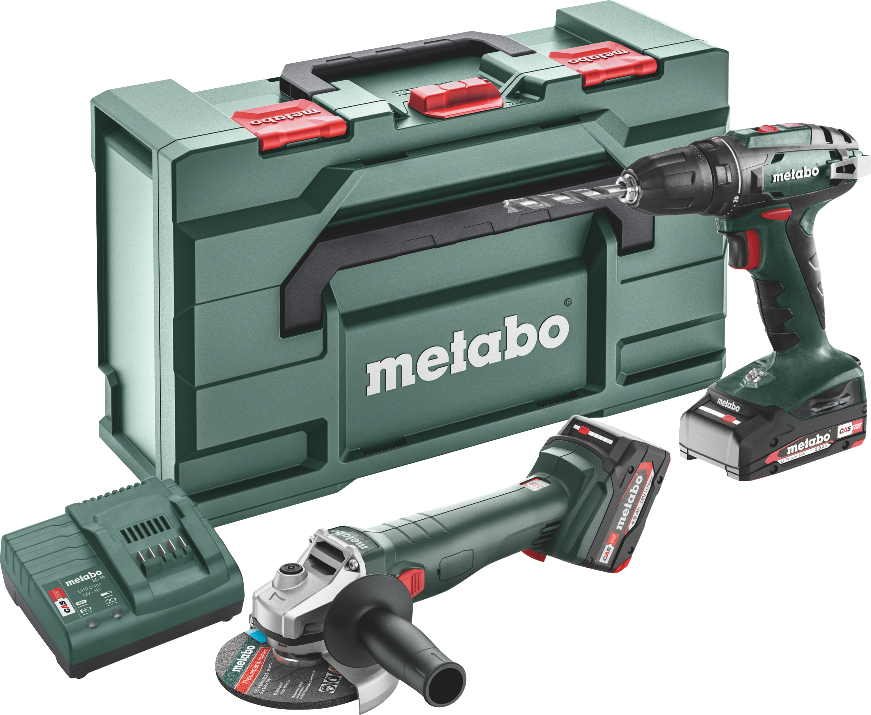 Zestaw wiertarko-wkrętarka + szlifierka kątowa + 2 akumulatory 2/4Ah 18V METABO