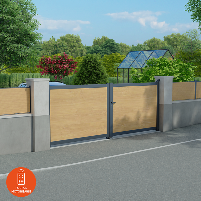 Portail battant aluminium Lao Klos up! gris et chêne irlandais l.349xH.170,5cm