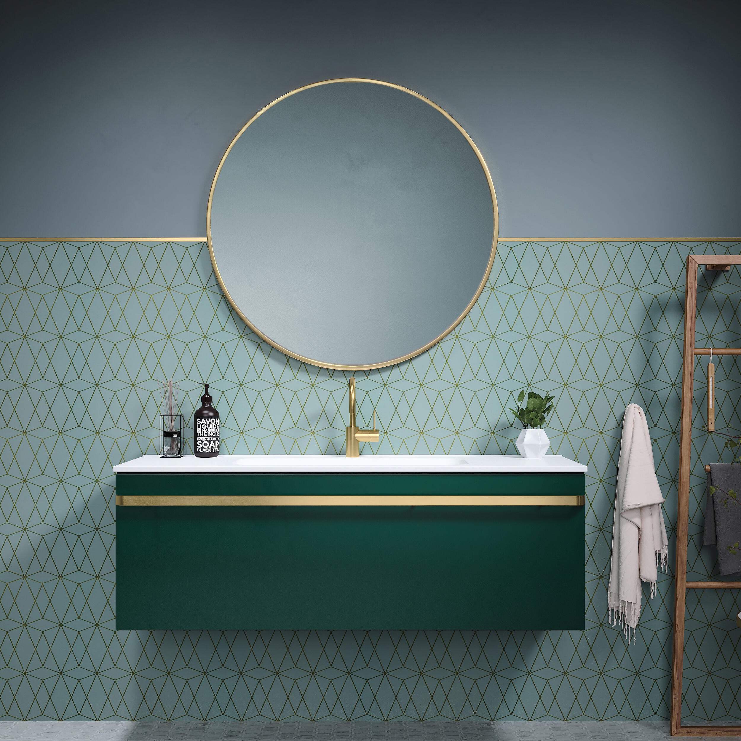 Mueble de baño con lavabo y columna loa verde 120x45 cm