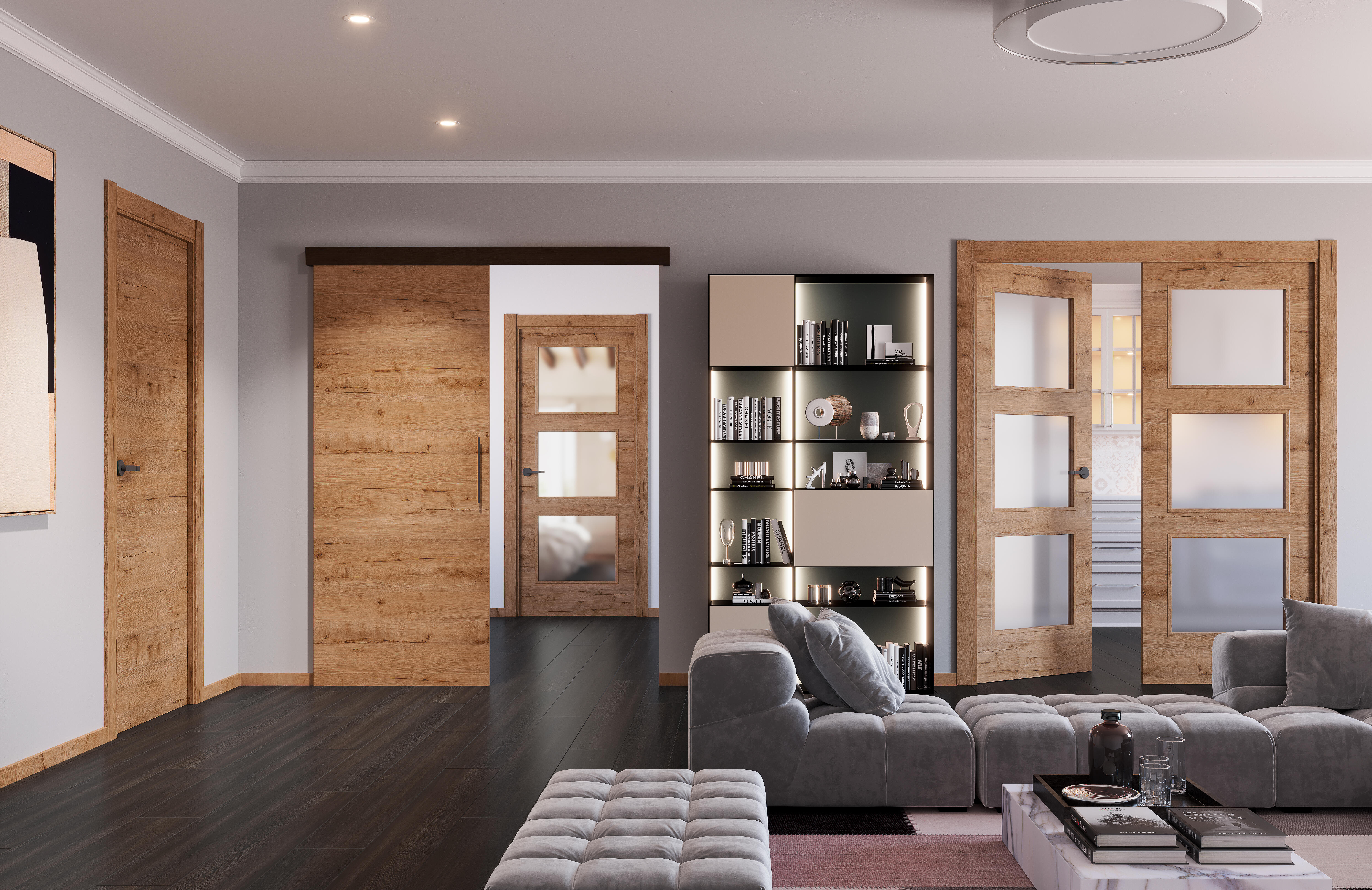 Puerta de interior corredera ciega maciza Line Plus Oslo Gold roble acabado Laminado con uñero y condena anchura 72,5cm - 2