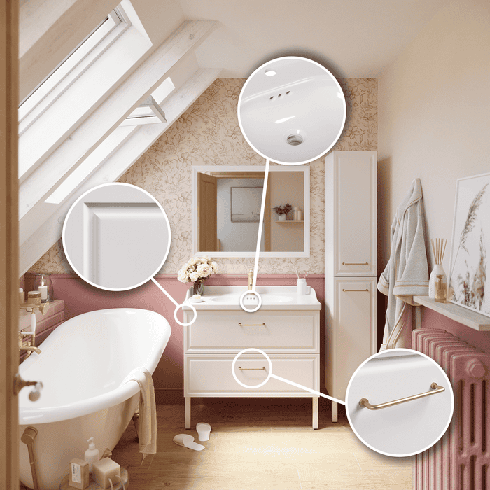 Meuble de salle de bain charm avec zoom moulures, finitions, poignées laiton, vasque avec rebord style vintage