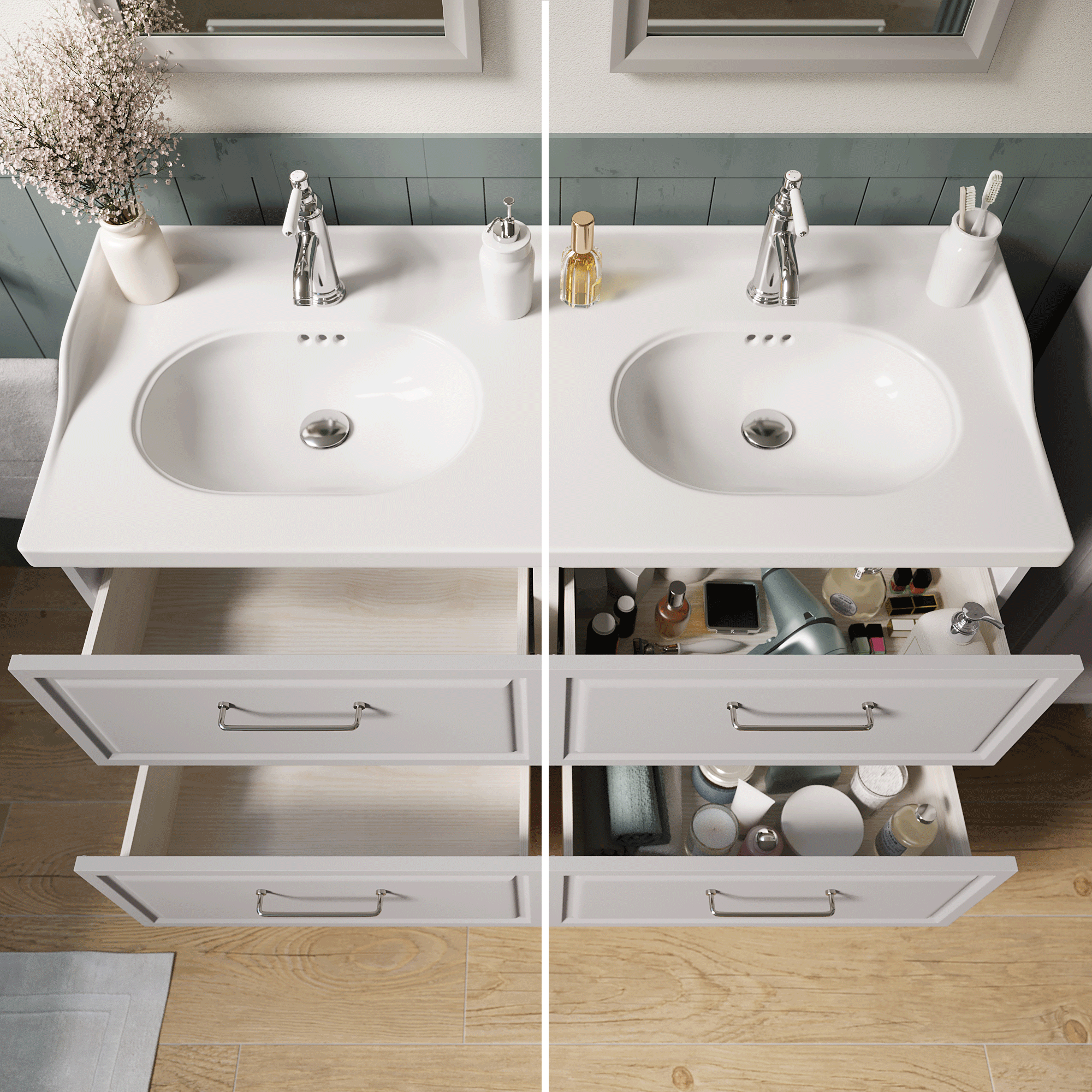 Plan double vasque Céramique Charm l.121.8 x P.49.7 x h.19.8 cm/vidage inclus - 3