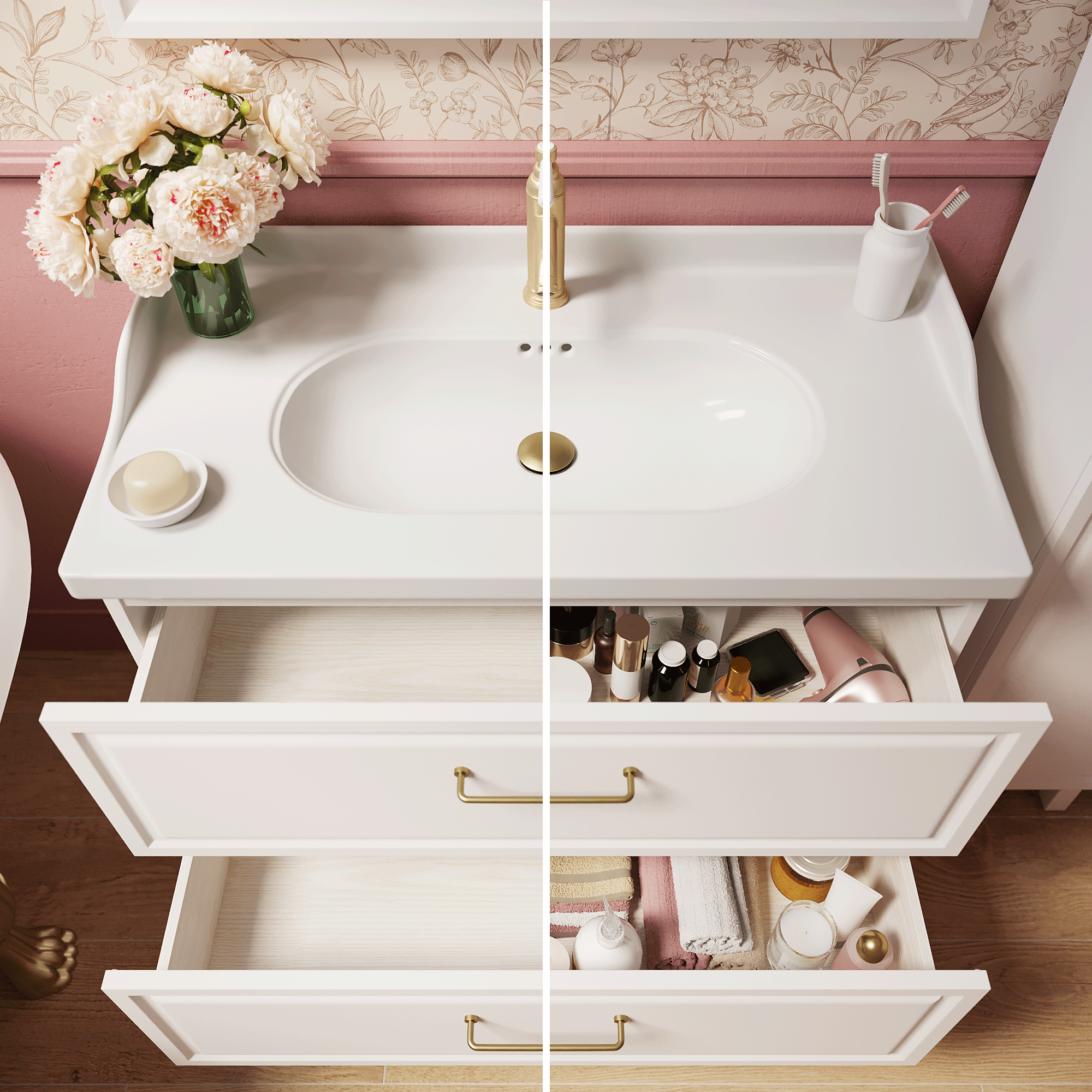 Mobile da bagno a terra sotto lavabo L 90 x H 57 x P 48.1 cm bianco laccato opaco, 2 cassetti SENSEA Charm - 2