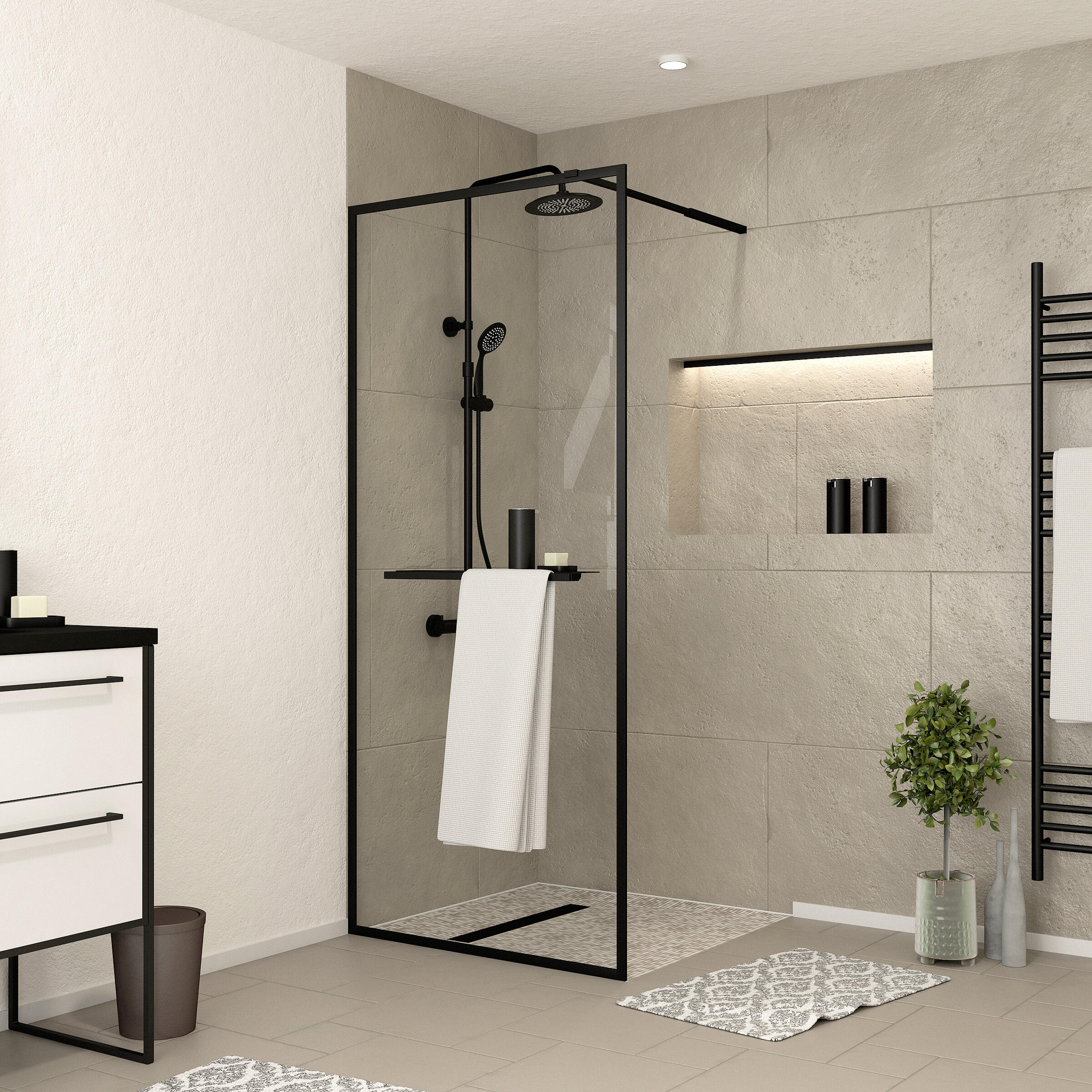 Panel de ducha austine shelf transparente perfil negro 100x200cm