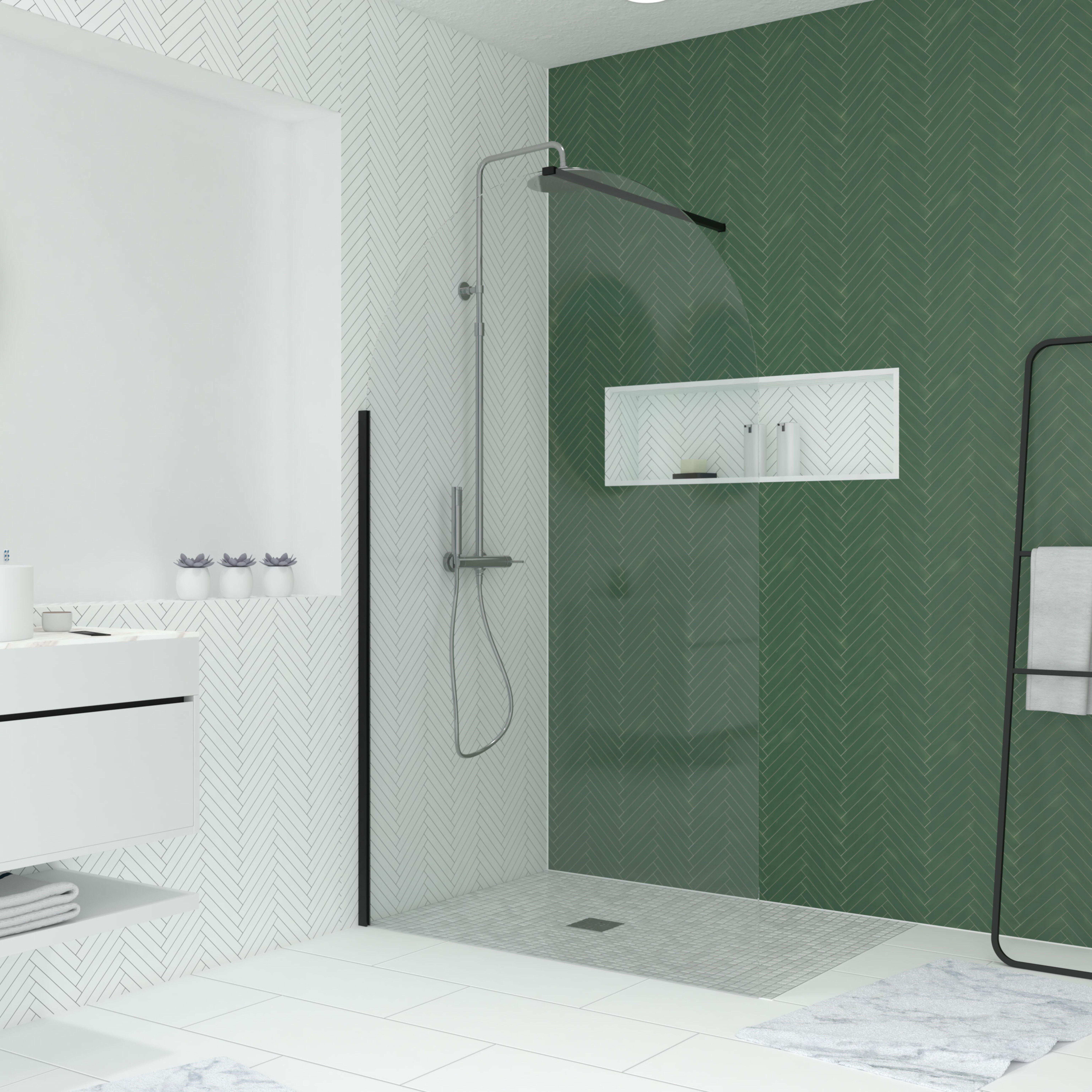 Mampara de ducha fija transparente arcade perfil aluminio negro 120x200 cm cristal 6mm reversible 1 barra de estabilización 100 cm (recortable) a pared marca aurlane