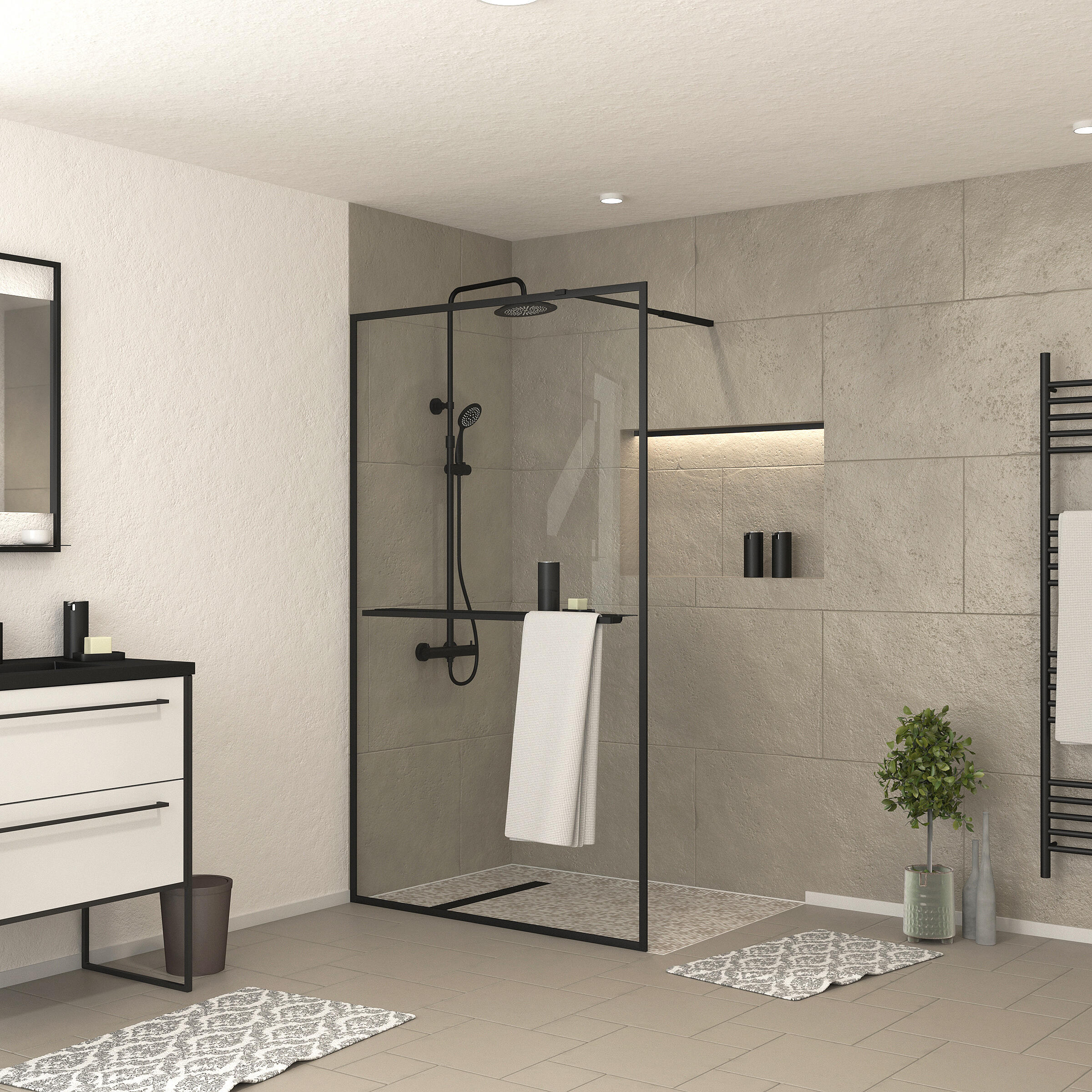 Panel de ducha austine shelf transparente perfil negro 120x200cm