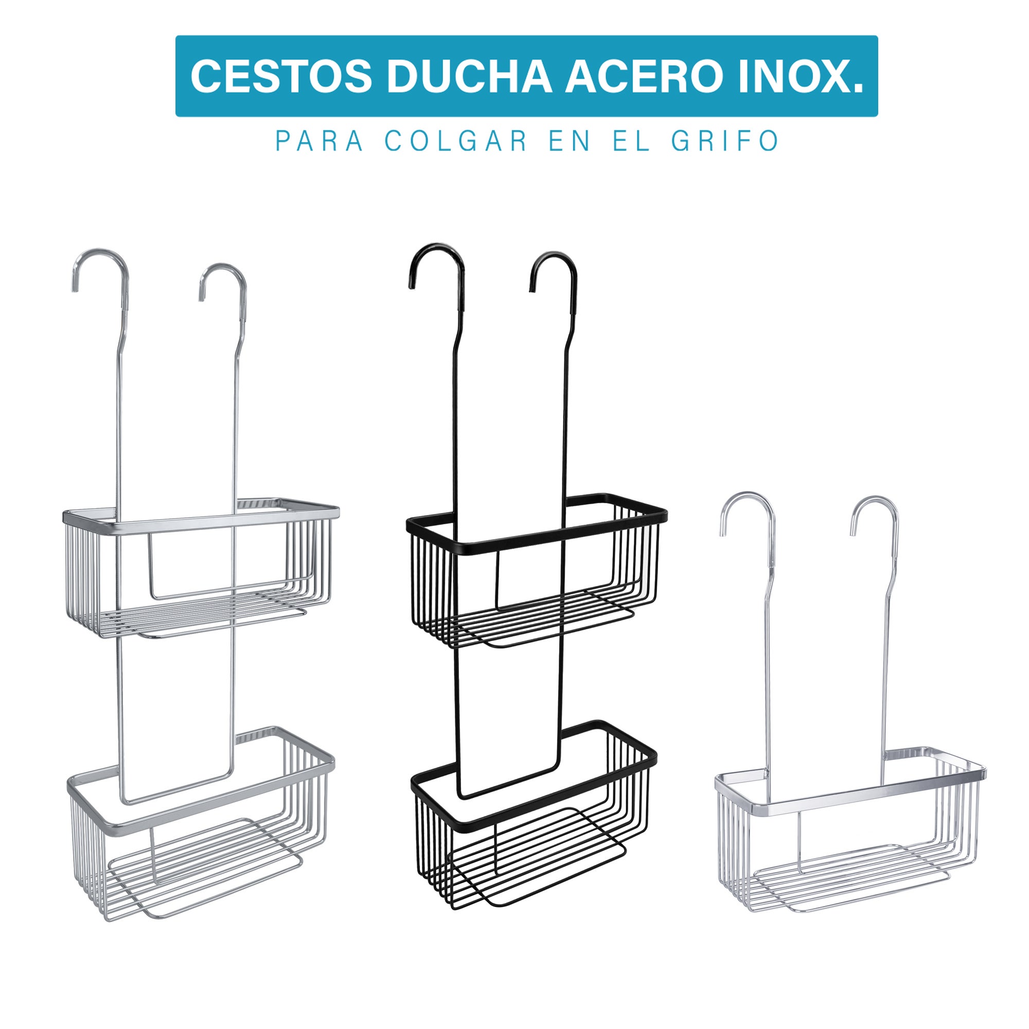 Cesto ducha Cesto ducha cromo acero inoxidable brillante con 2 alturas para colgar 26x11x66 cm - 7