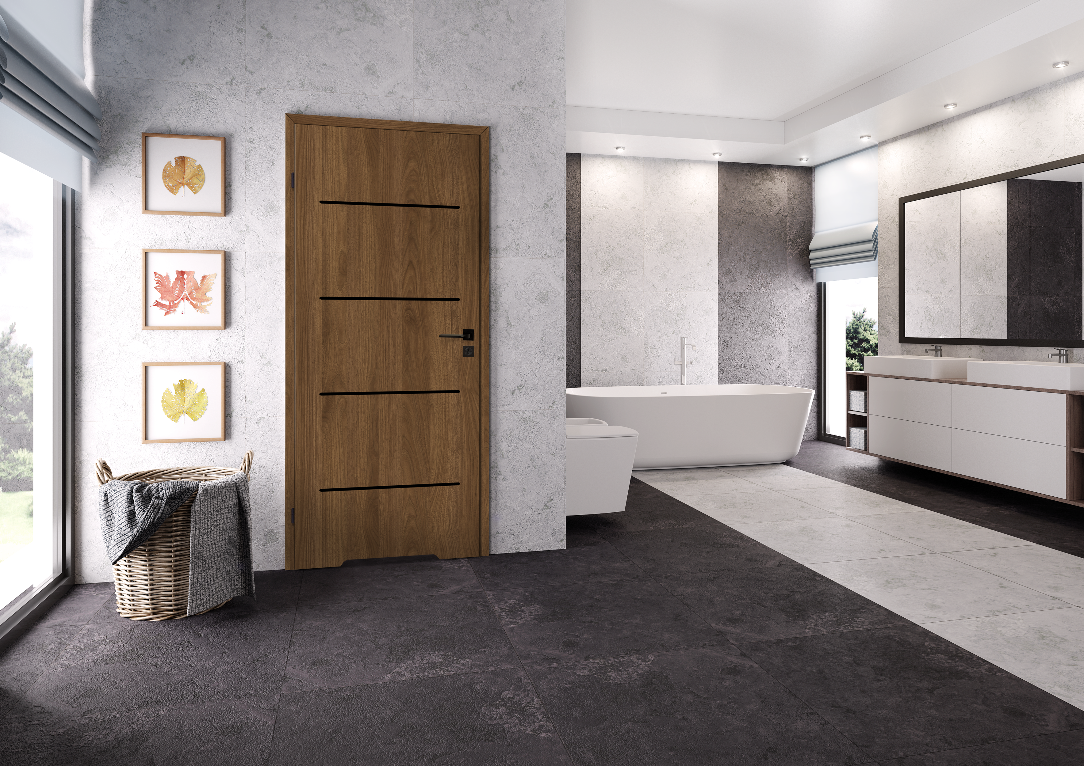 Drzwi wewnętrzne łazienkowe podcięcie wentylacyjne Vissio 70 prawe orzech michigan i czarne aplikacje Voster - 2