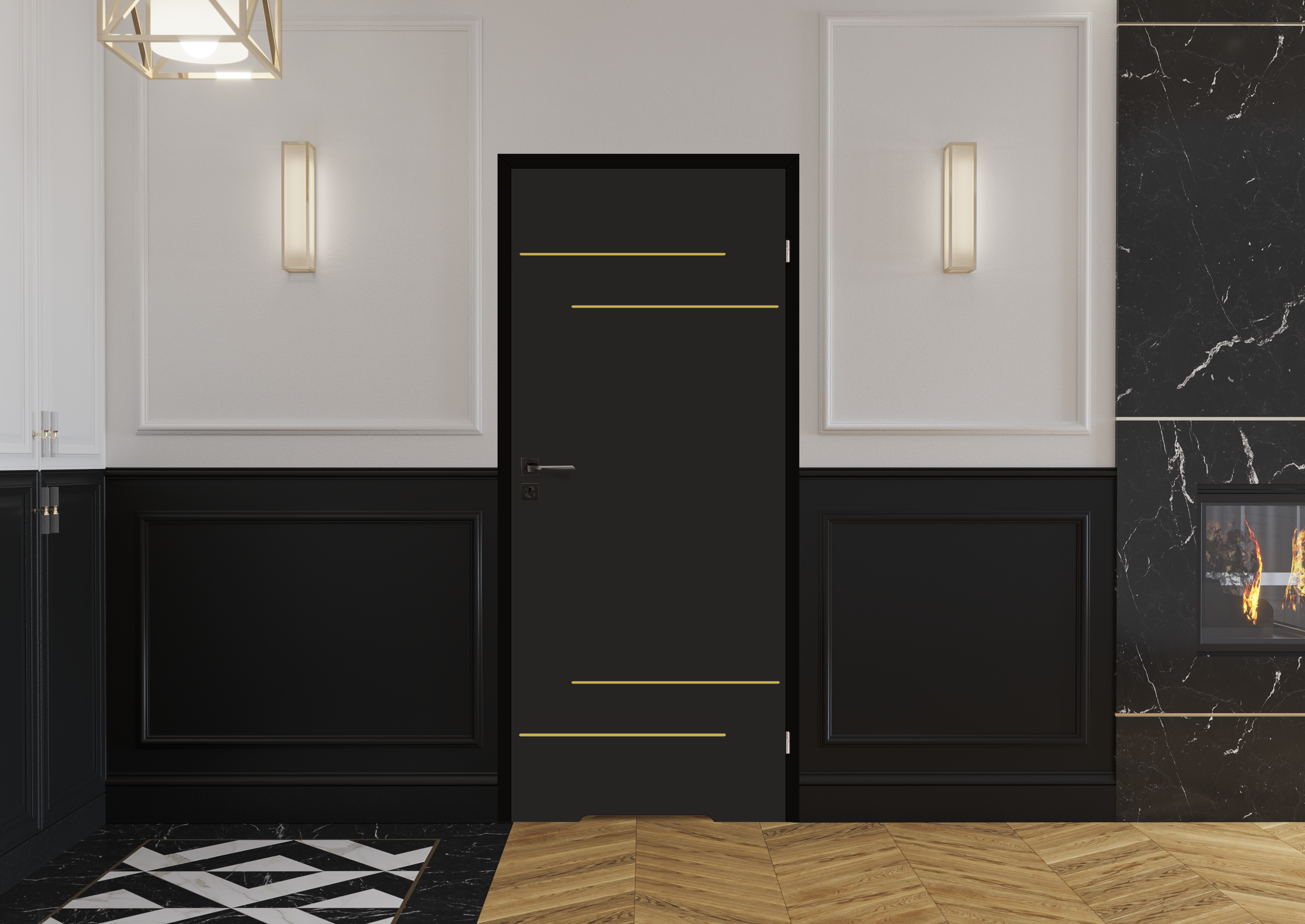 Drzwi wewnętrzne łazienkowe z podcięciem wentylacyjnym Signum 80 lewe czarny mat i złote aplikacje Voster - 2