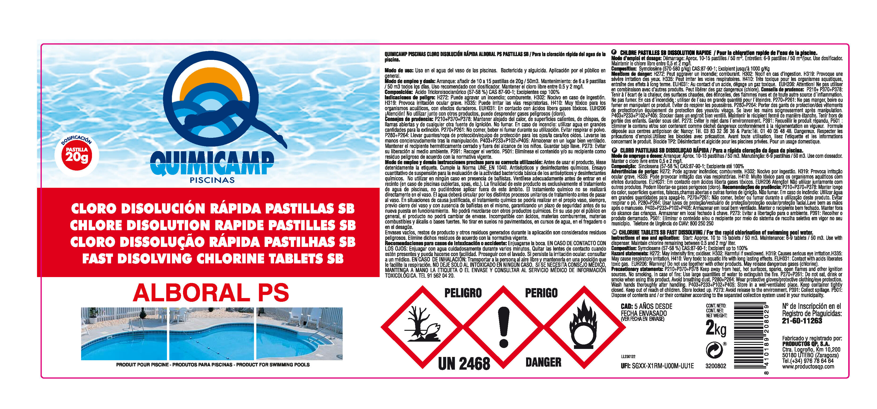 Cloro rápido Alboral QUIMICAMP 2 Kg pastillas 20 g - 2