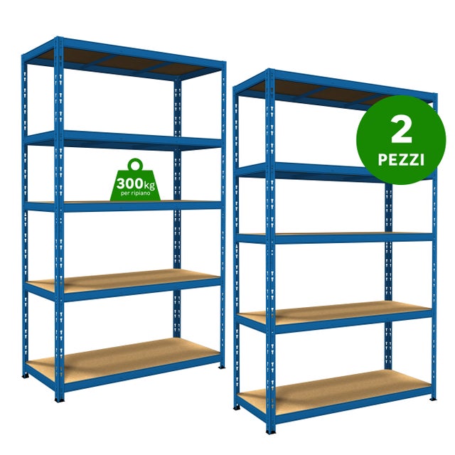 Set di 2 scaffali 10 ripiani Pokerino L 120 x P 50 x H 200 cm blu, portata per ripiano 300 kg