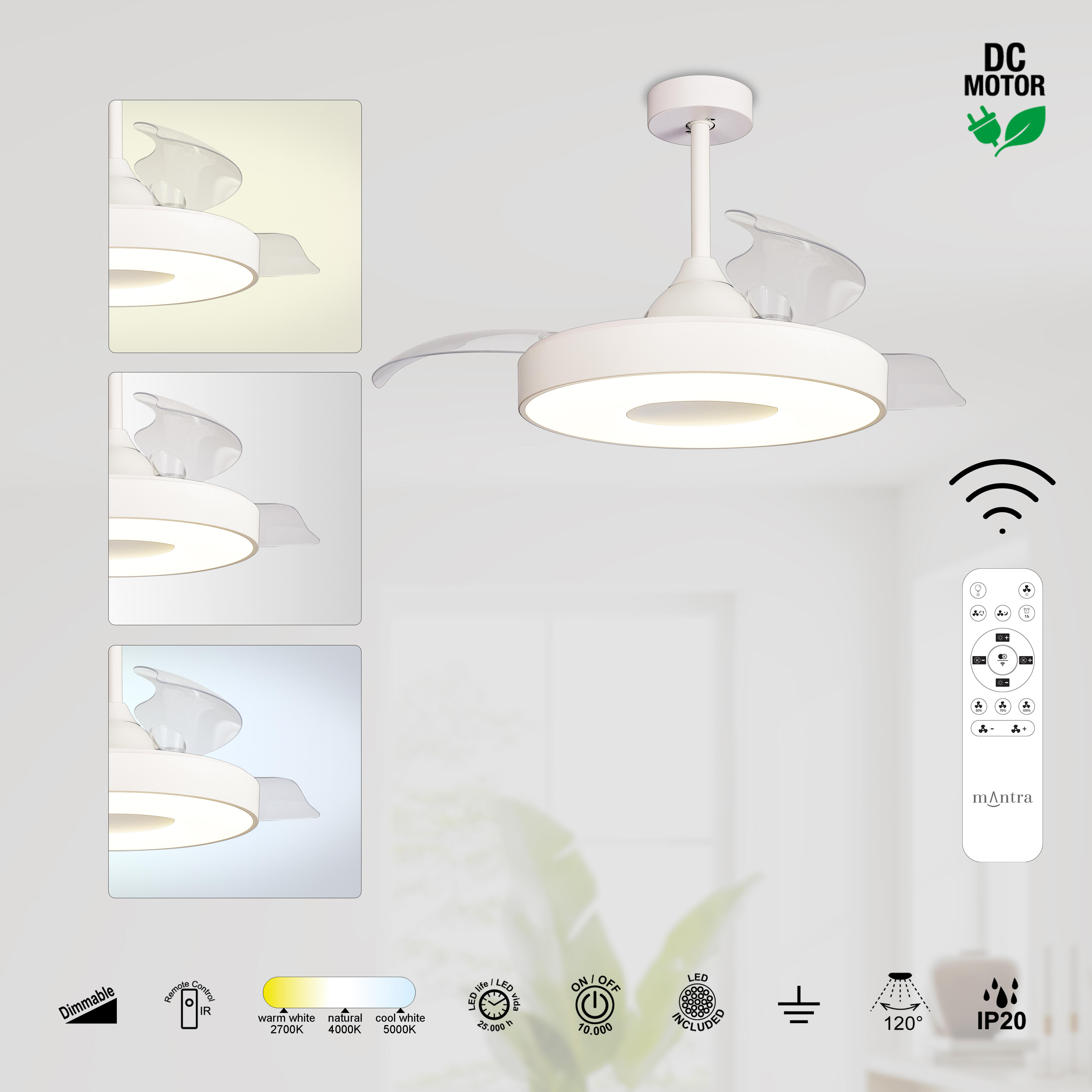 Ventilador de techo con luz silencioso DC 30W con mando ø106 cm Coin MANTRA blanco luz CCT 3 aspas retráctiles tipo lámpara| 7 velocidades| temporizador| recomendado de 13 a 20m² - 3