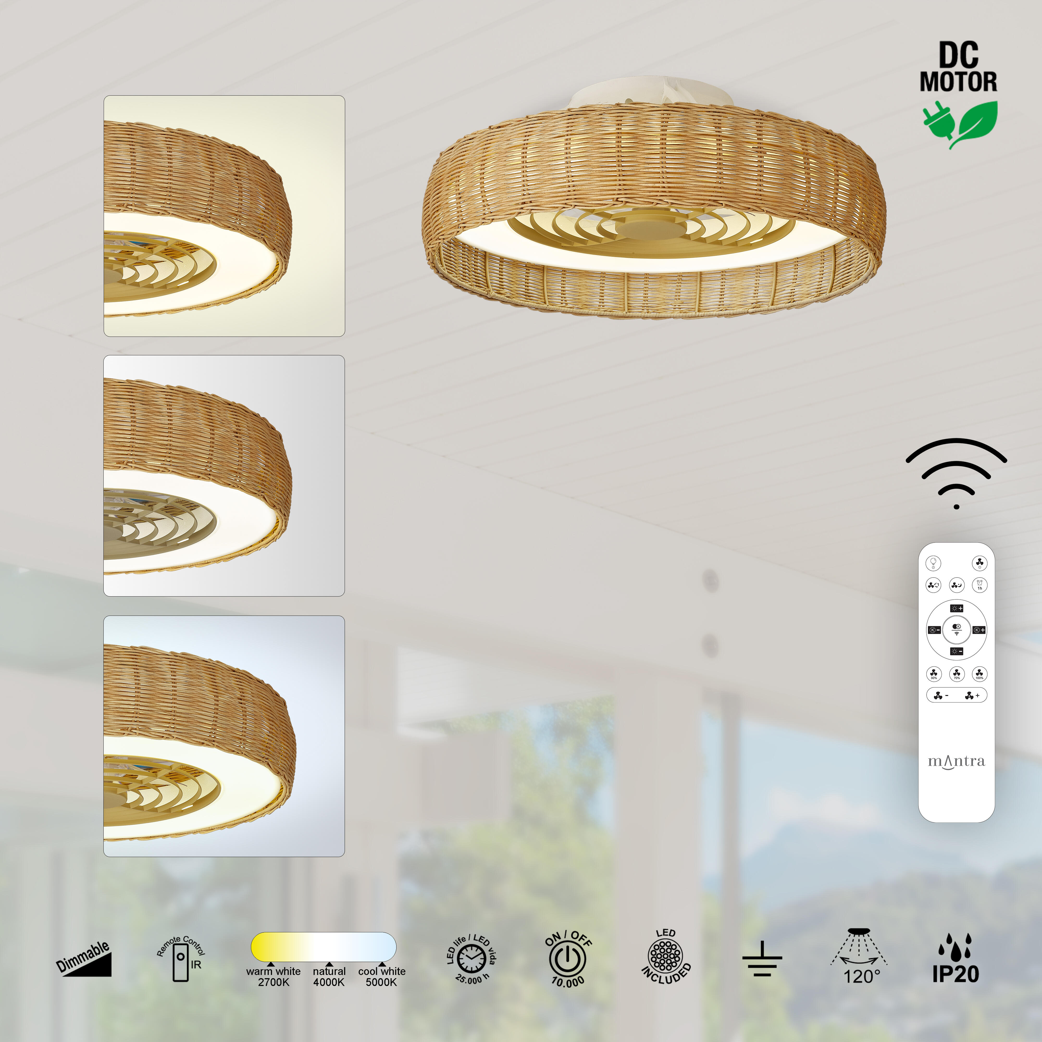 Ventoinha de teto com lâmpada 7 pás com comando 7700 Lm rattan Kilimanjaro Mantra
 - 10