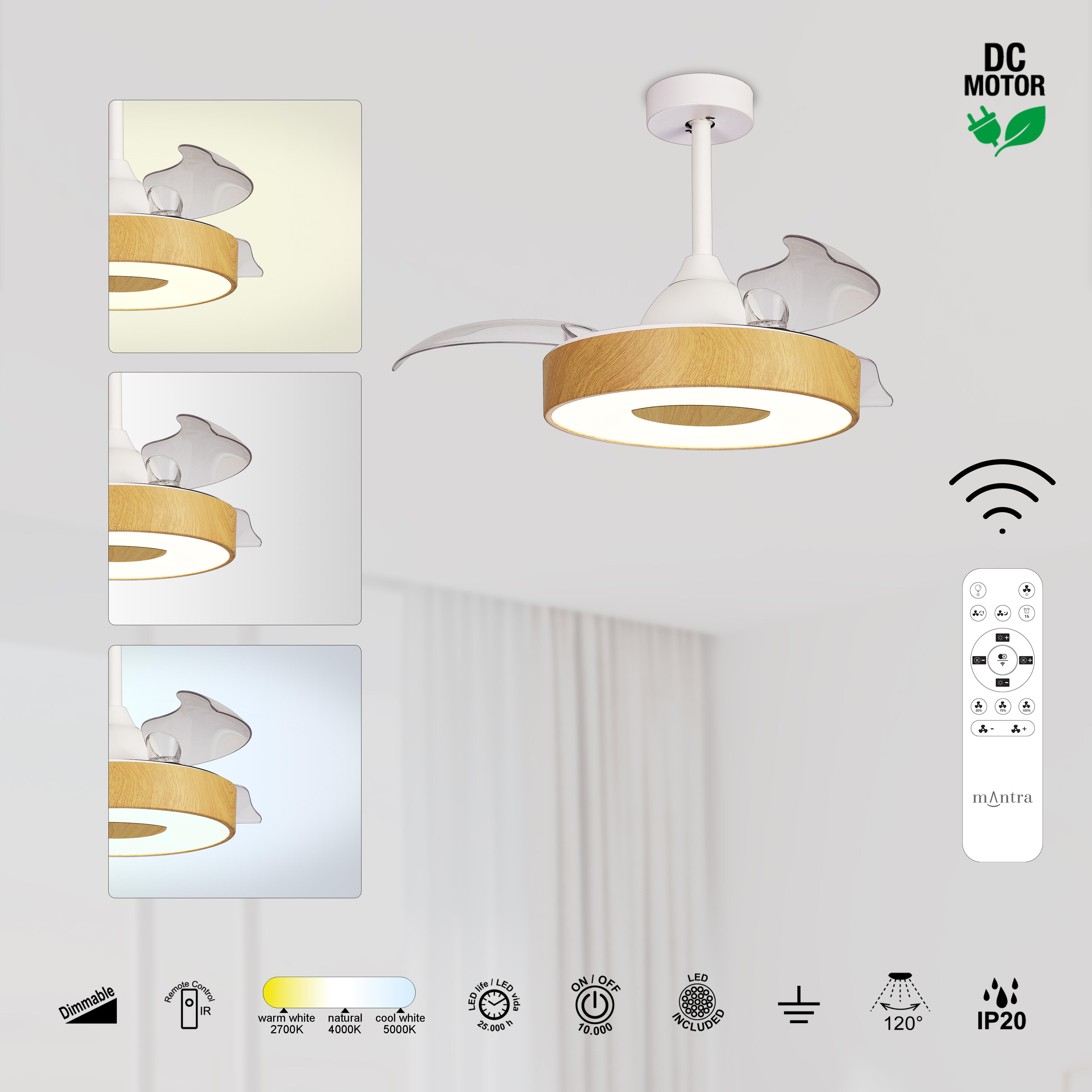 Ventilador de techo con luz silencioso DC 25W con mando ø90.7 cm Coin MANTRA marrón luz CCT 3 aspas retráctiles tipo lámpara| 8 velocidades| modo verano/invierno| brisa| recomendado para <13m² - 12