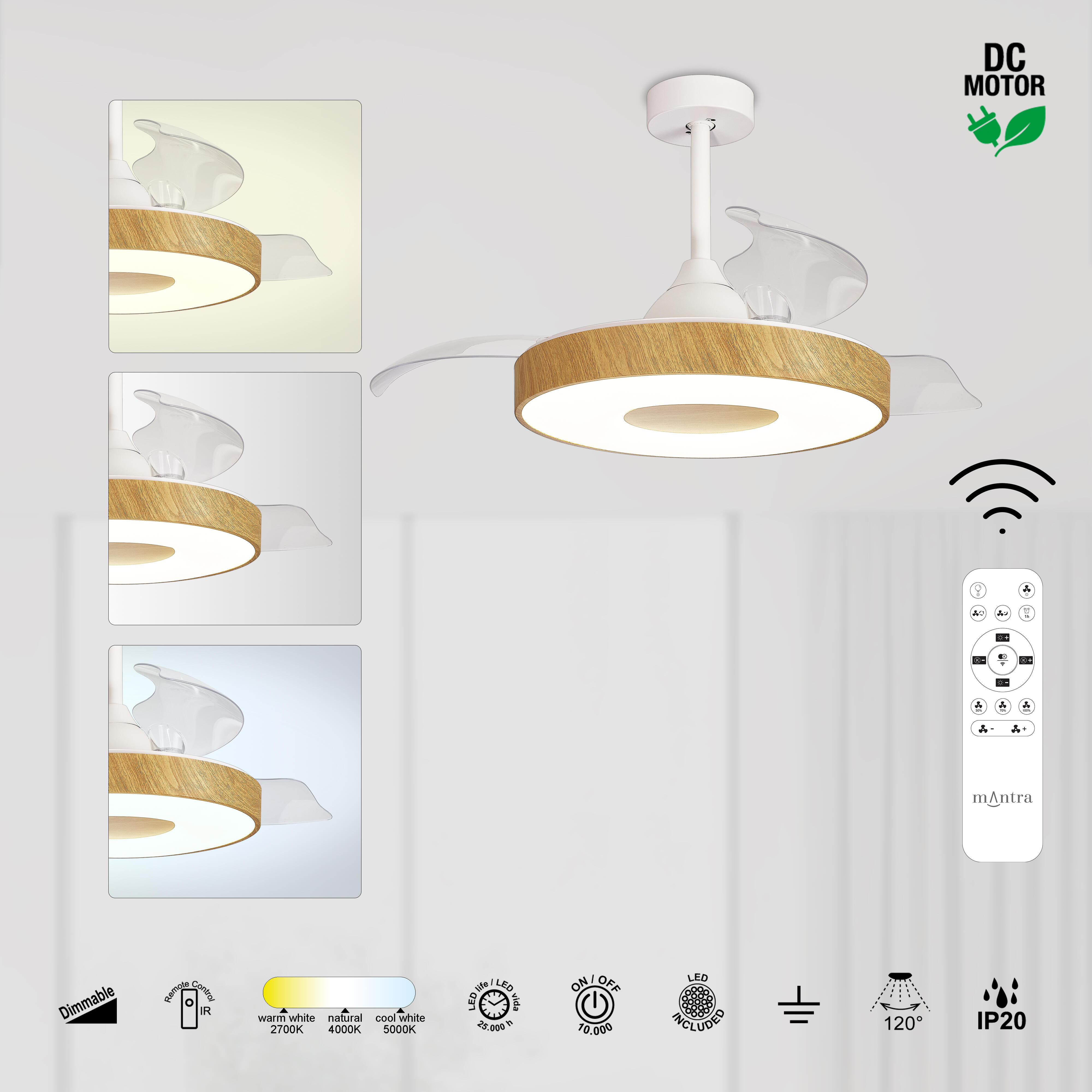 Ventilador de techo con luz silencioso DC 30W con mando ø106.2 cm Coin MANTRA marrón luz CCT 3 aspas retráctiles tipo lámpara| 8 velocidades| modo verano/invierno| brisa| recomendado de 13 a 20m² - 5