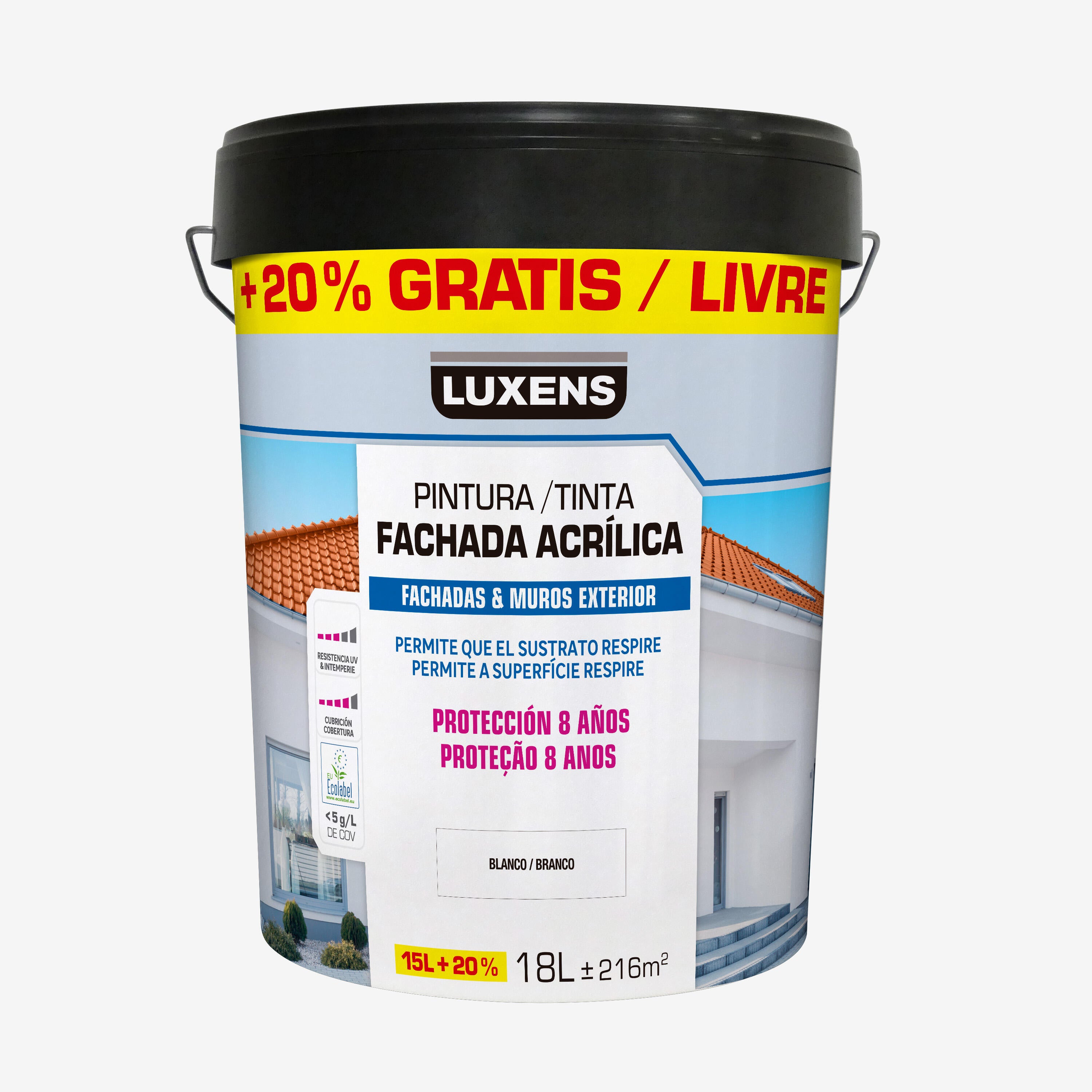 Tinta exterior fachadas aquosa mate 15 L+20% branco proteção 8 anos Luxens - 5