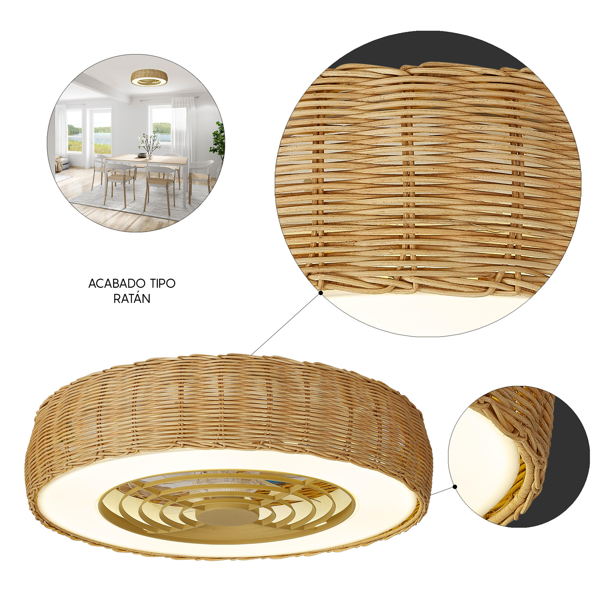 Ventoinha de teto com lâmpada 7 pás com comando 7700 Lm rattan Kilimanjaro Mantra
 - 6