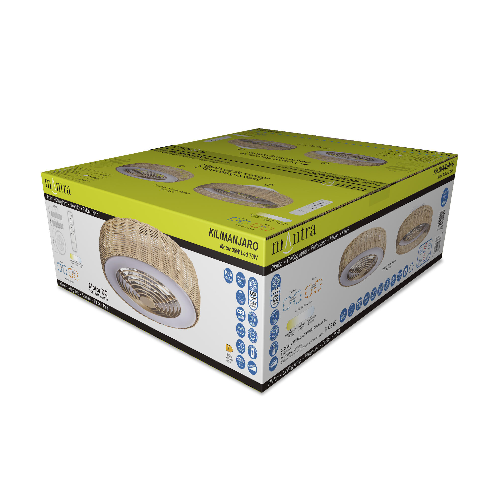 Ventoinha de teto com lâmpada 7 pás com comando 7700 Lm rattan Kilimanjaro Mantra
 - 13