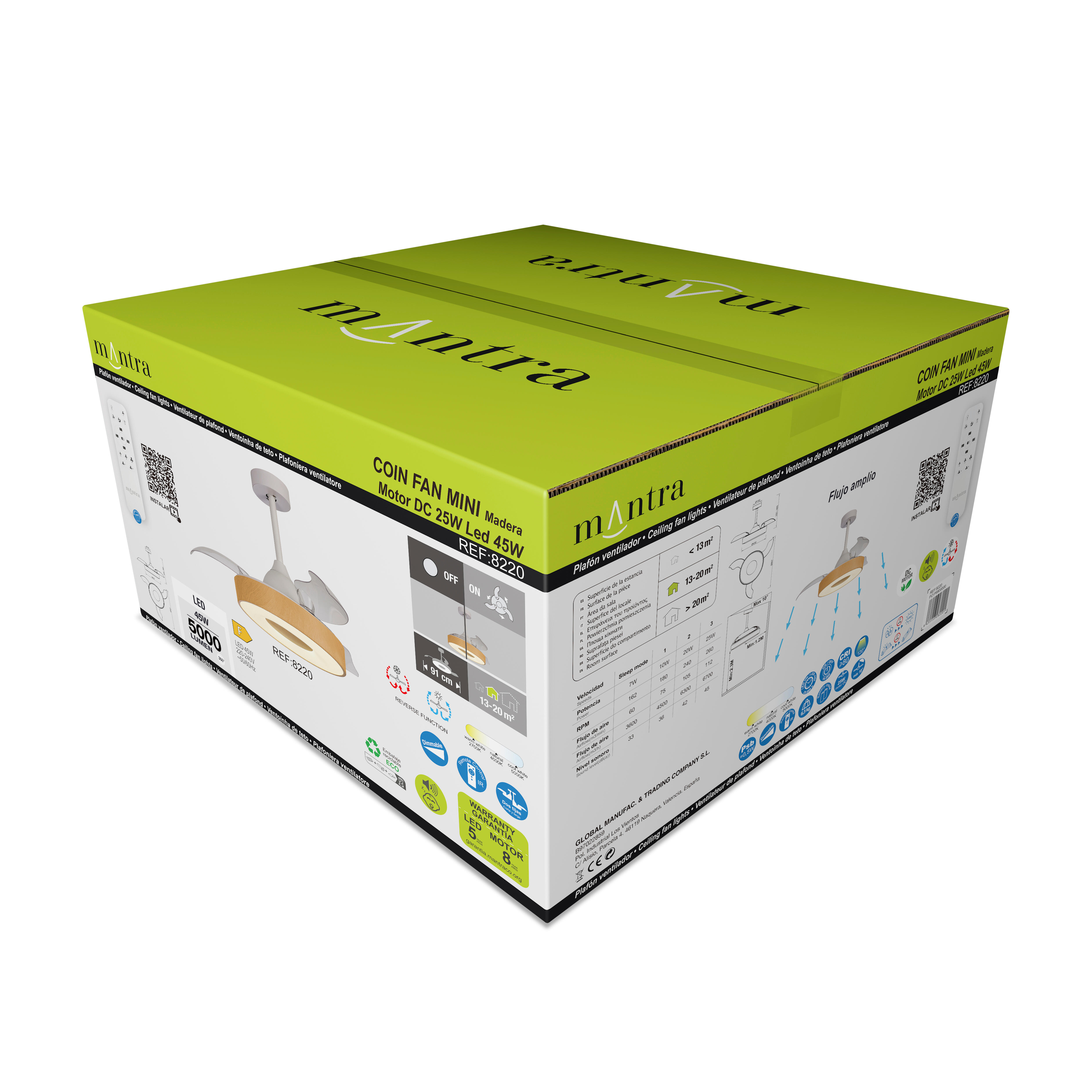 Ventilador de techo con luz silencioso DC 25W con mando ø90.7 cm Coin MANTRA marrón luz CCT 3 aspas retráctiles tipo lámpara| 8 velocidades| modo verano/invierno| brisa| recomendado para <13m² - 11