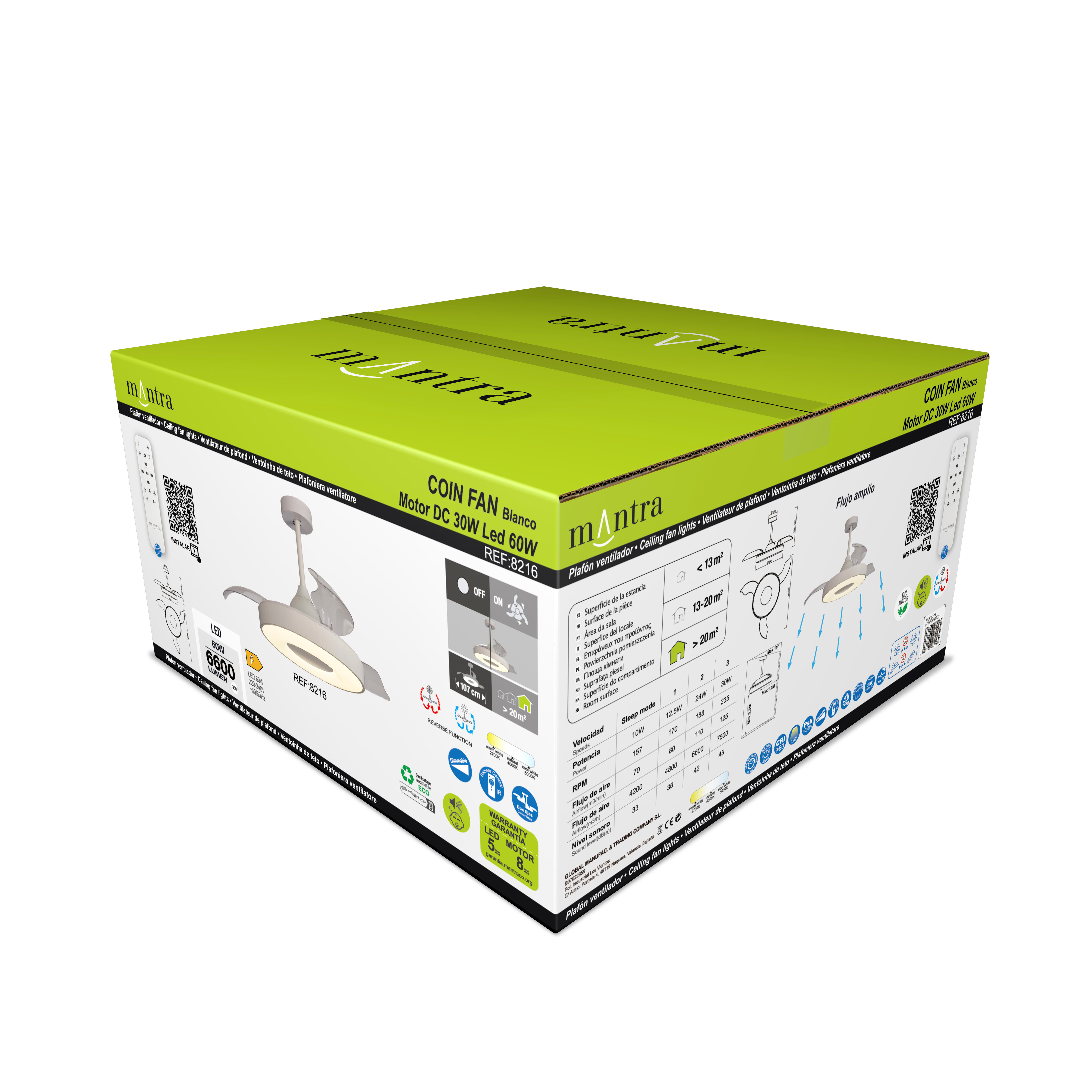 Ventilador de techo con luz silencioso DC 30W con mando ø106 cm Coin MANTRA blanco luz CCT 3 aspas retráctiles tipo lámpara| 7 velocidades| temporizador| recomendado de 13 a 20m² - 11
