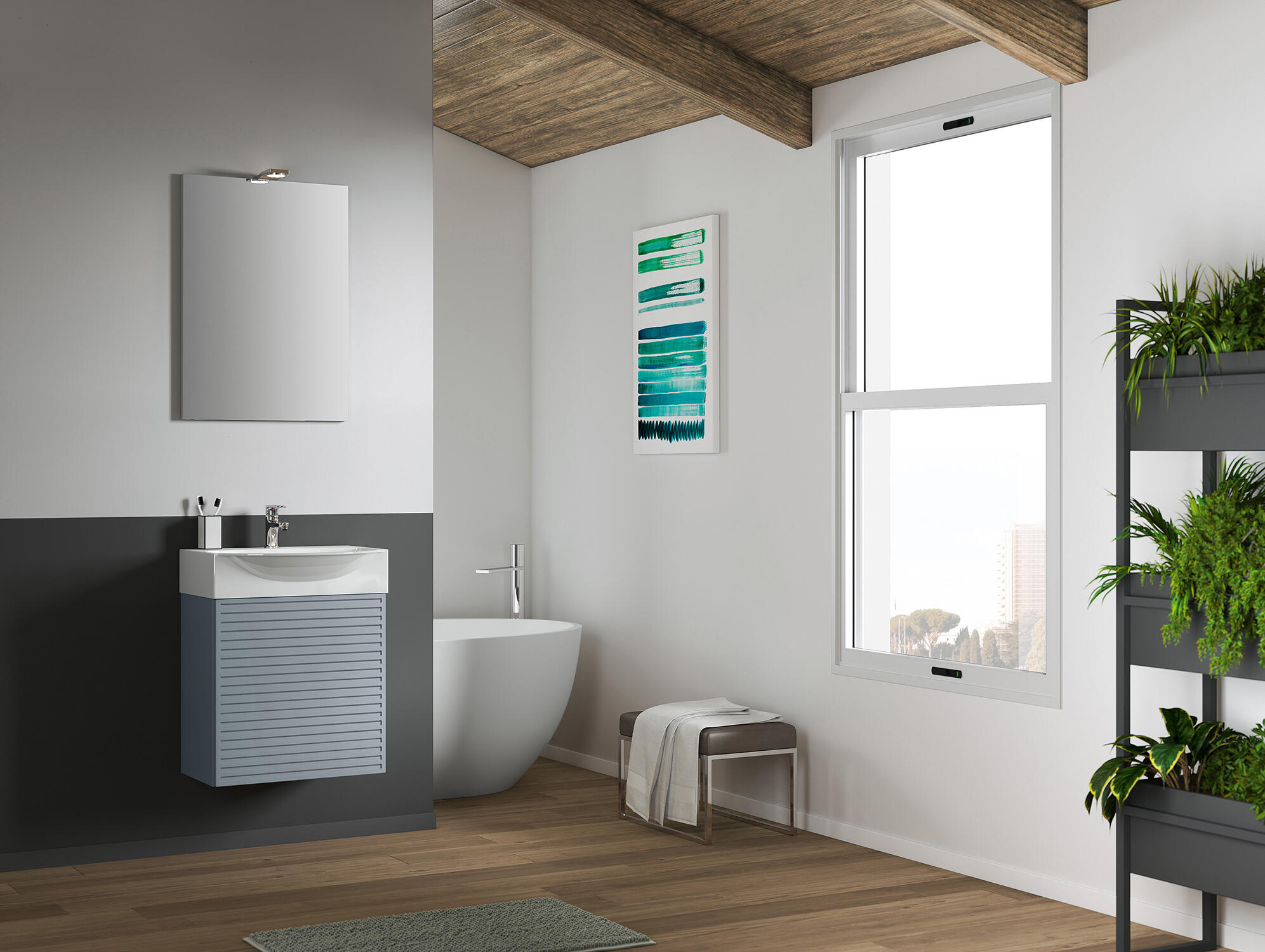 Mobile bagno sospeso con lavabo e specchio e illuminazione Mini50s L 50 x H 58 x P 40 cm laccato opaco indaco cannettato 1 anta per vasca centrale - 2