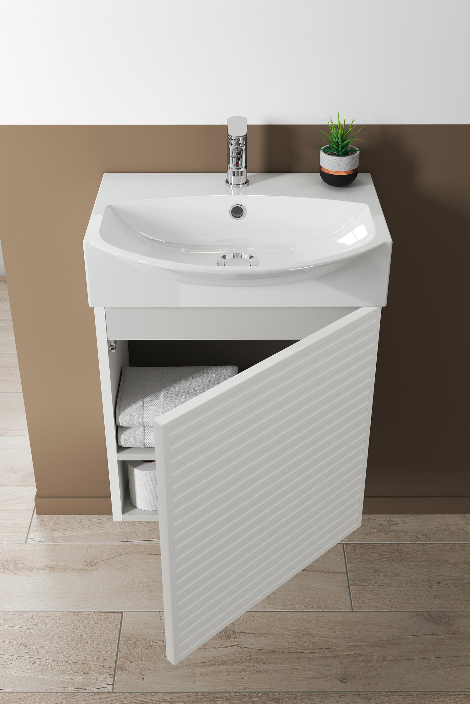 Mobile bagno sospeso con lavabo e specchio e illuminazione L 50 x H 58 x P 40 cm laccato opaco bianco cannettato, 1 anta per vasca centrale Mini50s - 3