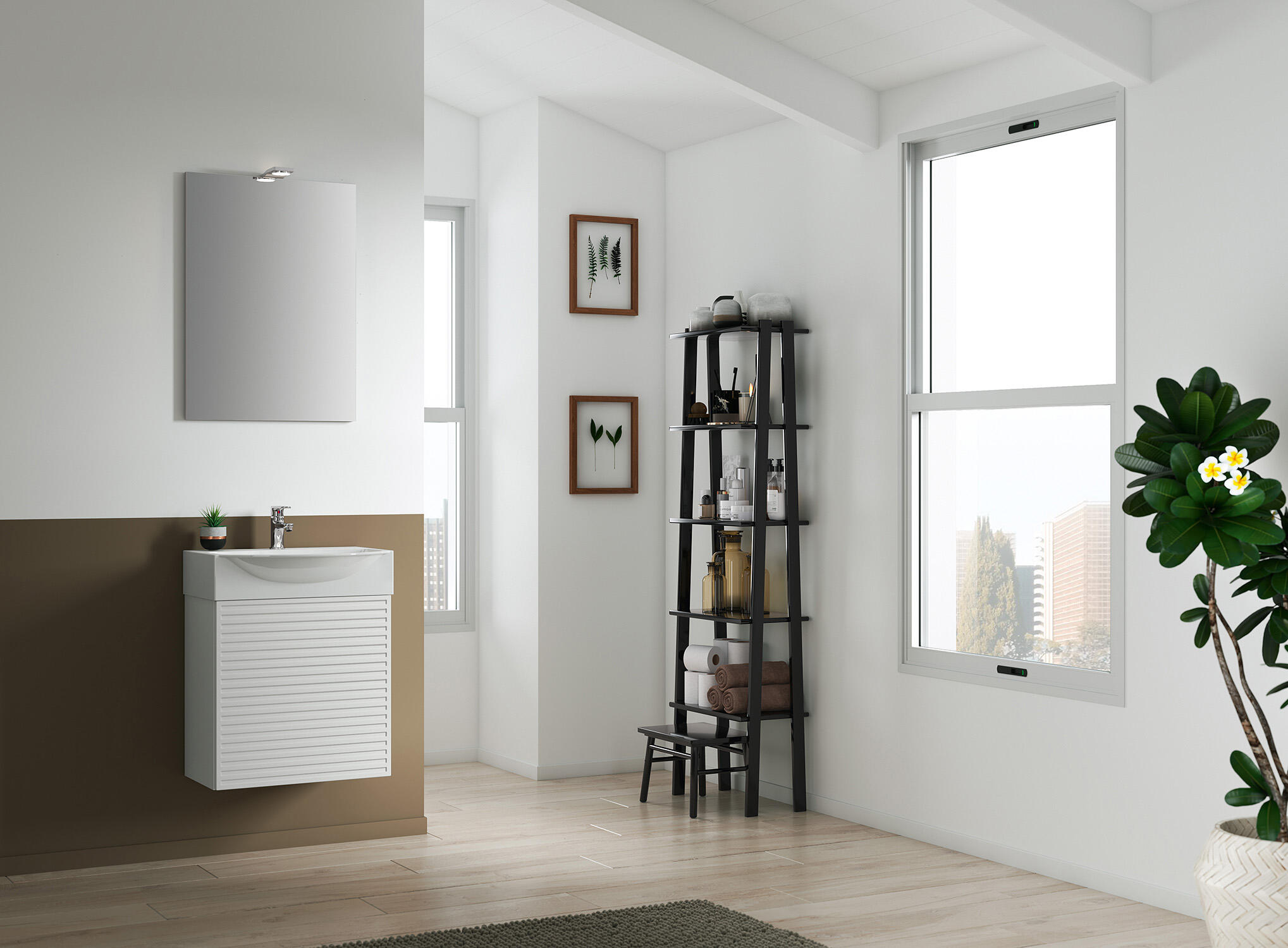 Mobile bagno sospeso con lavabo e specchio e illuminazione L 50 x H 58 x P 40 cm laccato opaco bianco cannettato, 1 anta per vasca centrale Mini50s - 2
