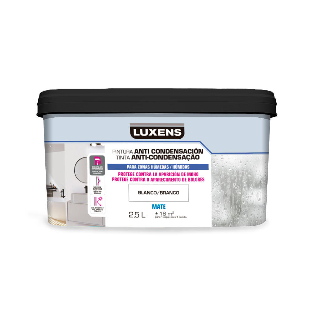 Pintura de interior anticondensación LUXENS color blanco mate 2.5L para paredes y techos - 2