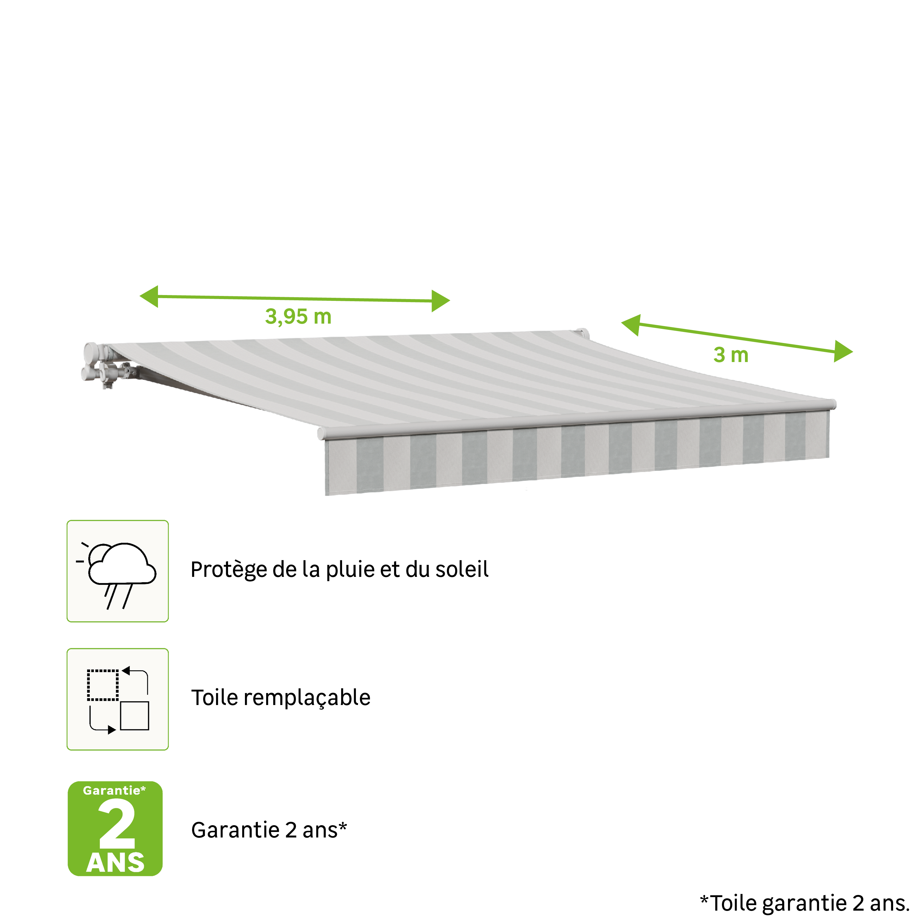 Toldo manual sem caixa branco 3.95x3 m às riscas branco;cinzento Naterial Calima - 12
