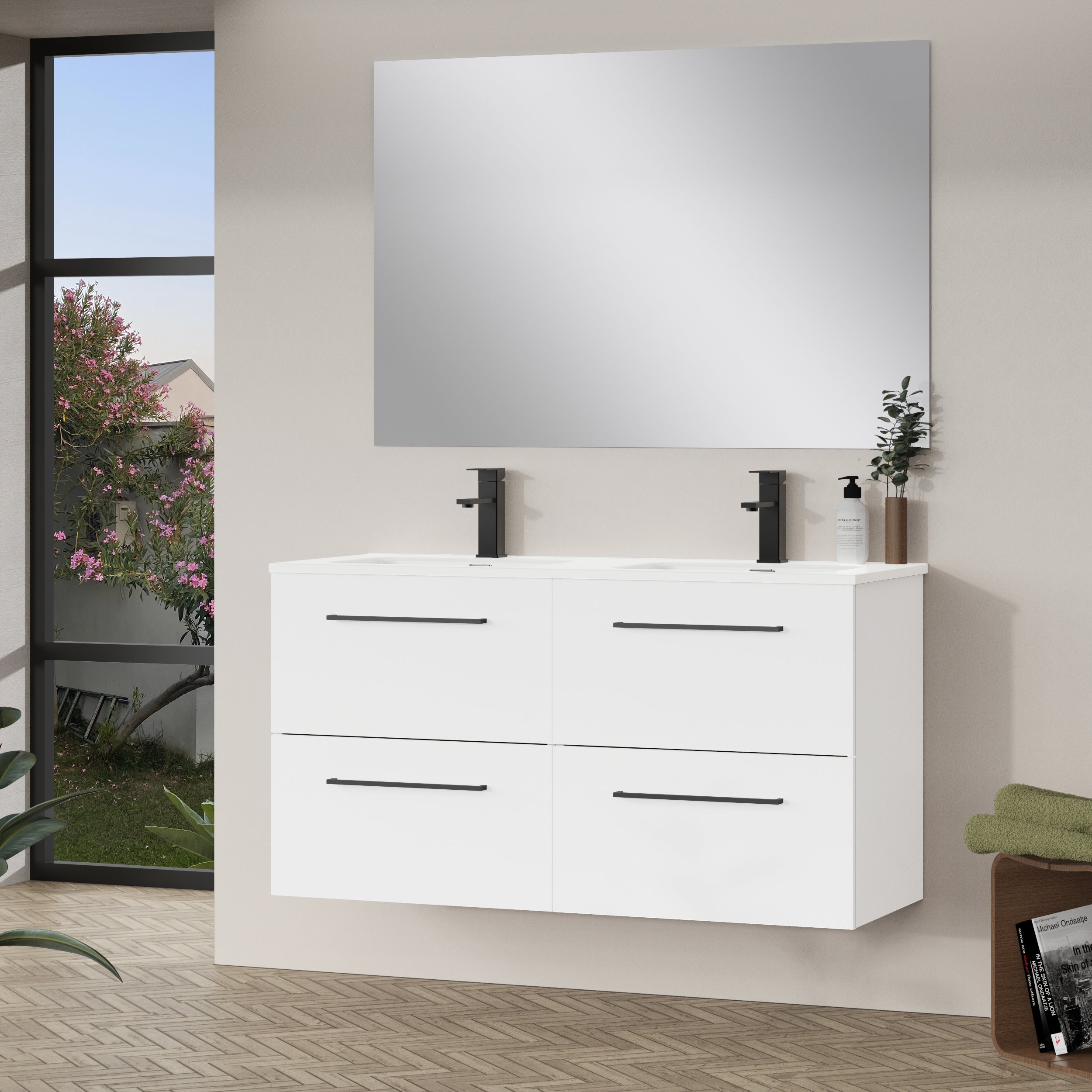 Mueble de baño con lavabo y espejo luna blanco satinado 120x44.6 cm