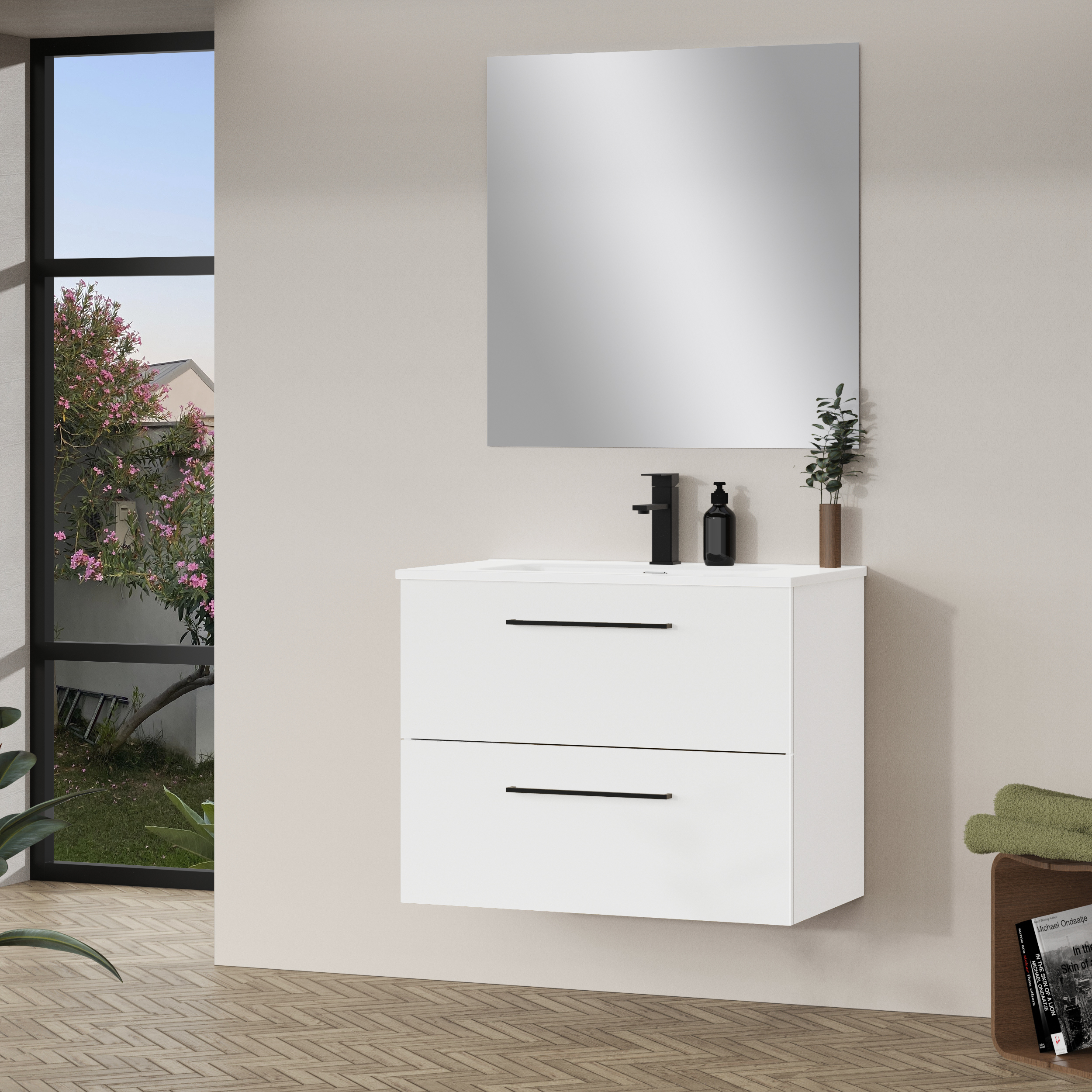 Mueble de baño con lavabo y espejo luna blanco satinado 80x44.6 cm