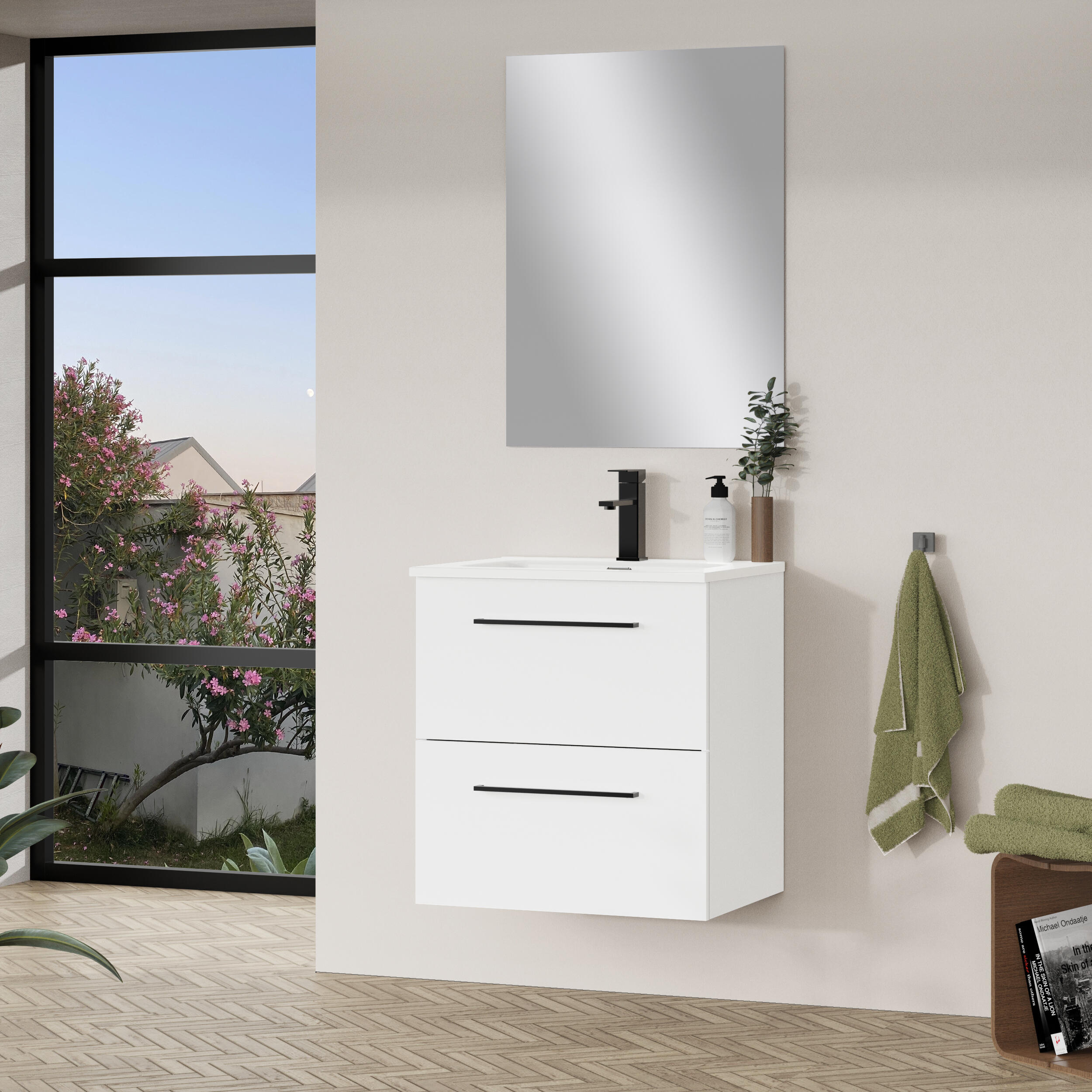 Mueble de baño con lavabo y espejo luna blanco satinado 60x44.6 cm