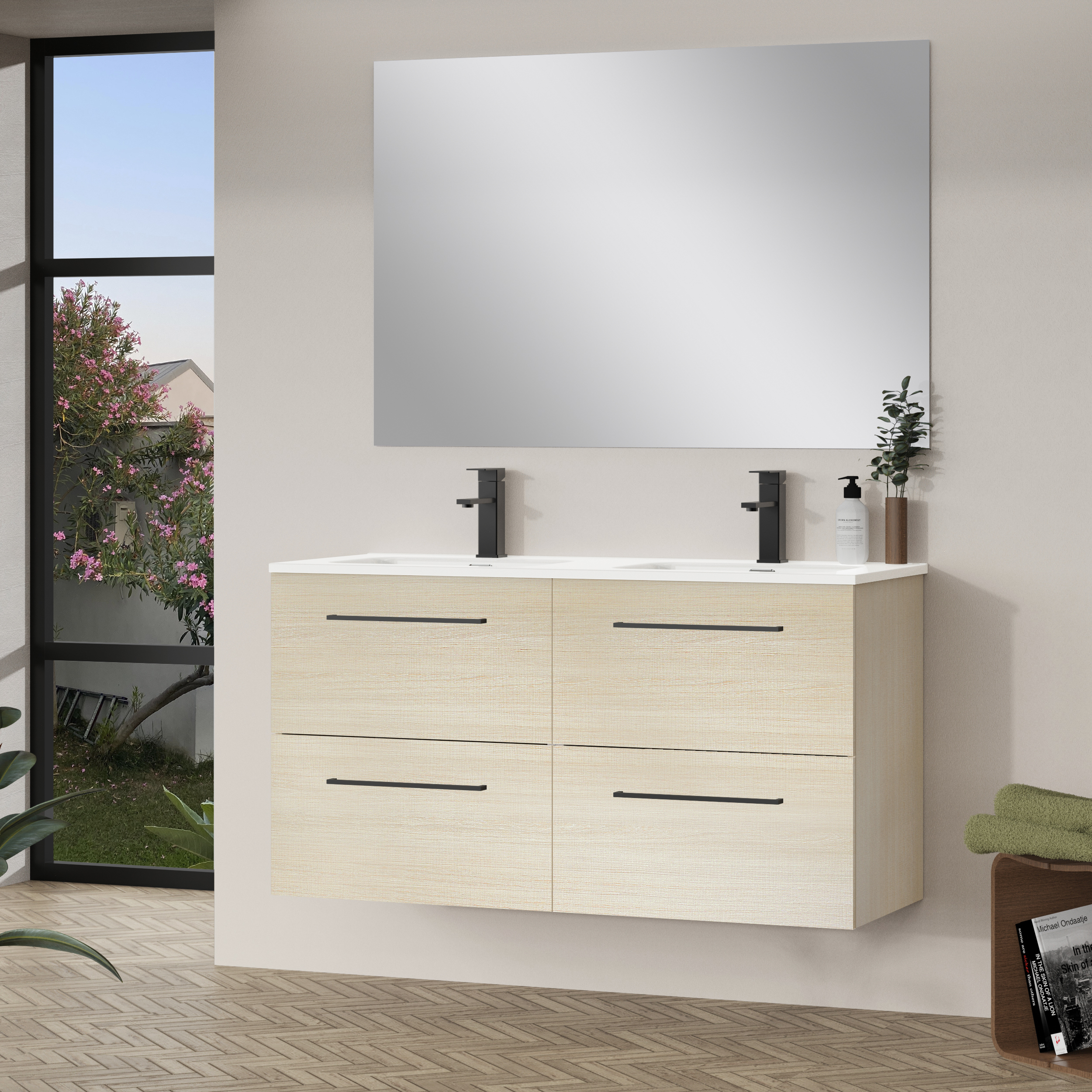 Pack de mueble de baño con lavabo y espejo luna roble claro satinado 120x44.6 c