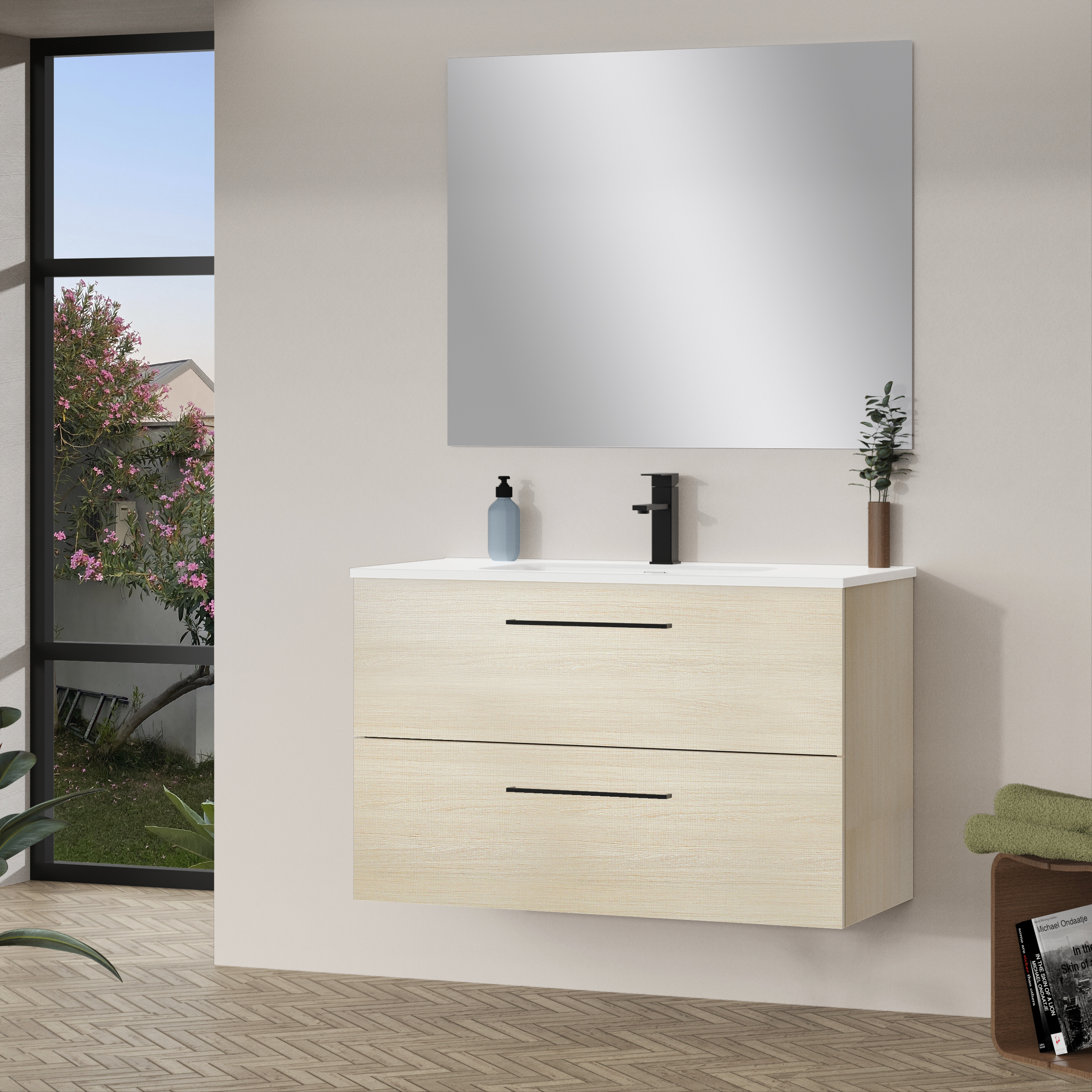 Pack de mueble de baño con lavabo y espejo luna roble claro satinado 100x44.6 c