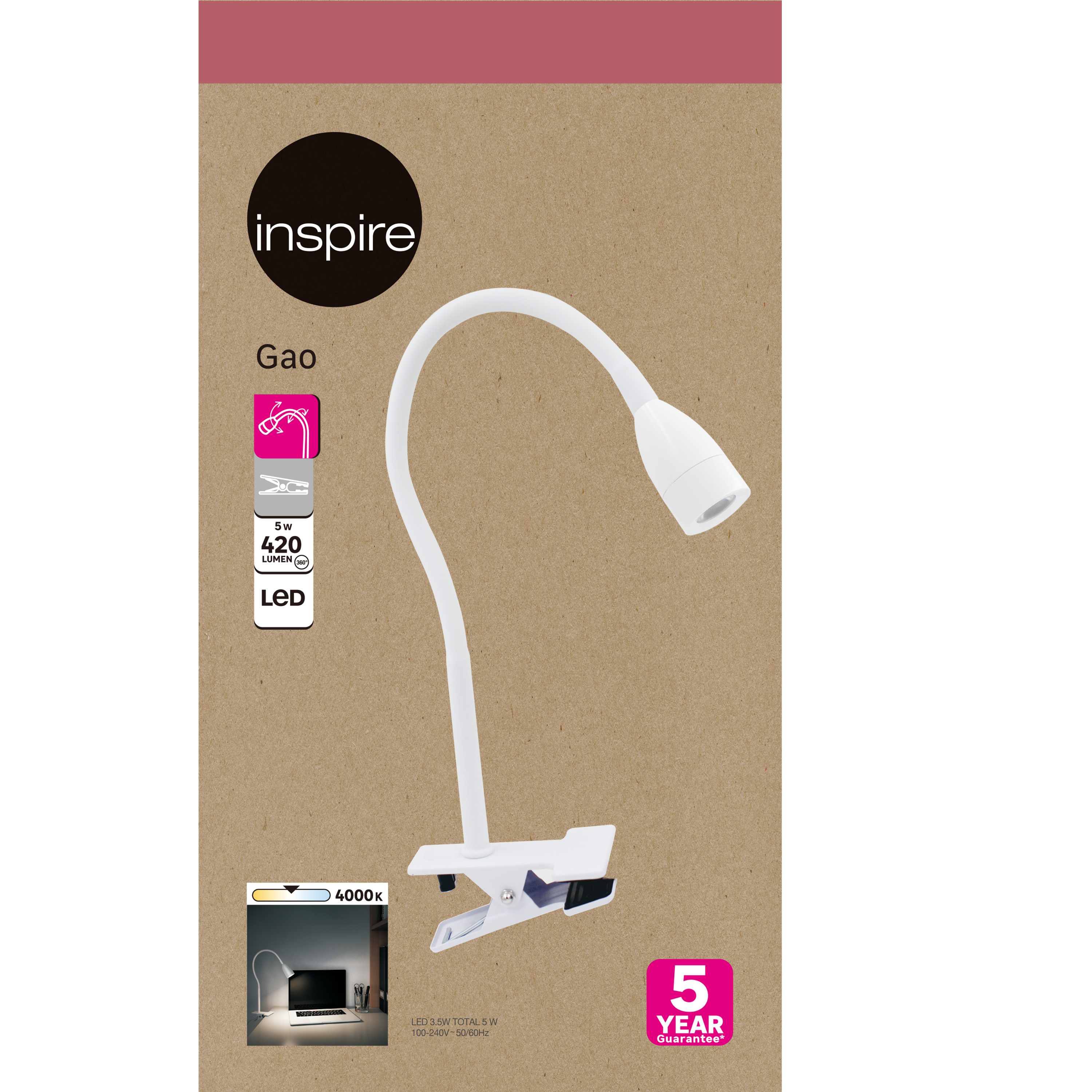 Flexo para escritorio LED Gao INSPIRE con estructura de acero blanco luz neutra 4000K - 5