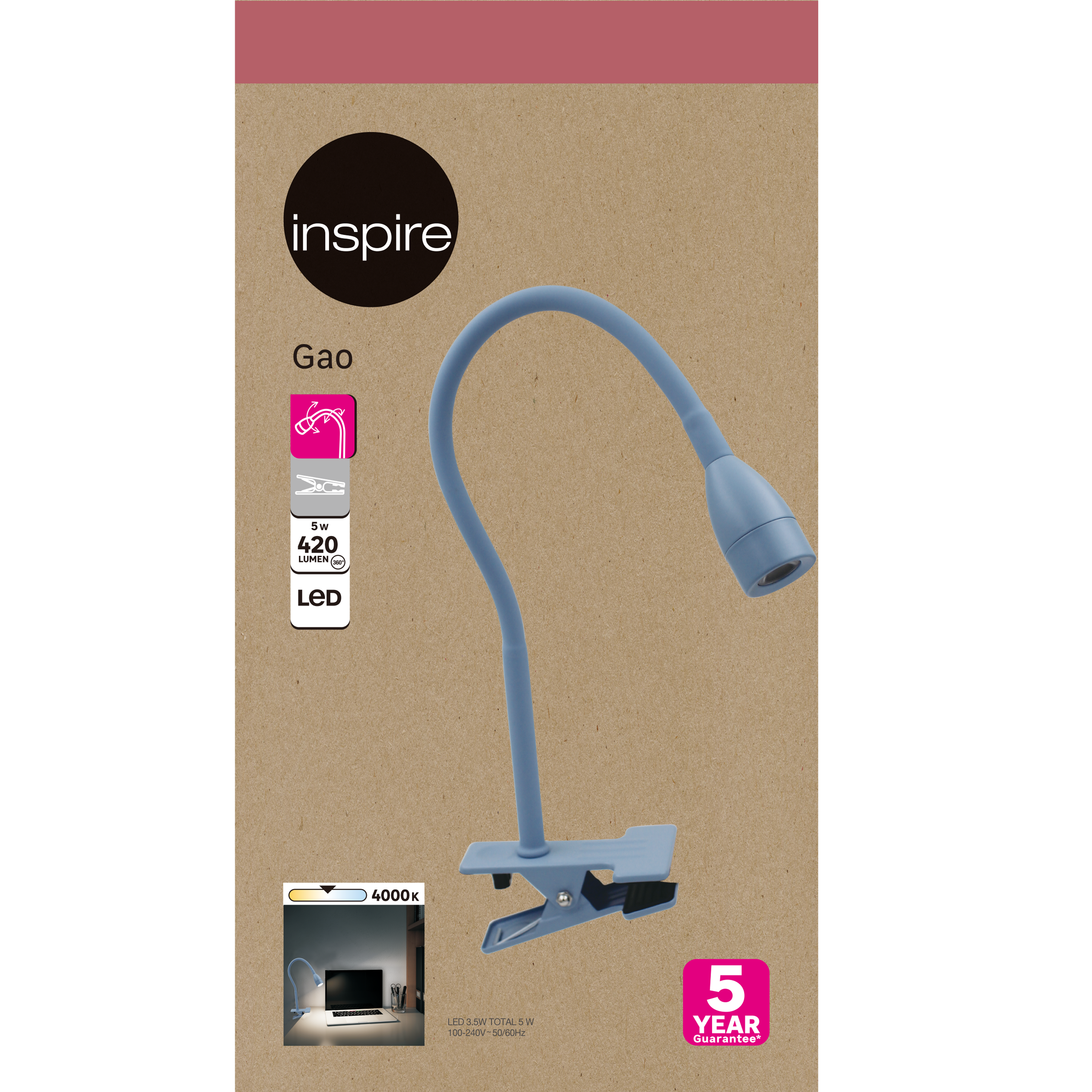 Lampe de bureau Gao, fer, bleu clair, H.35 cm, INSPIRELED - 6