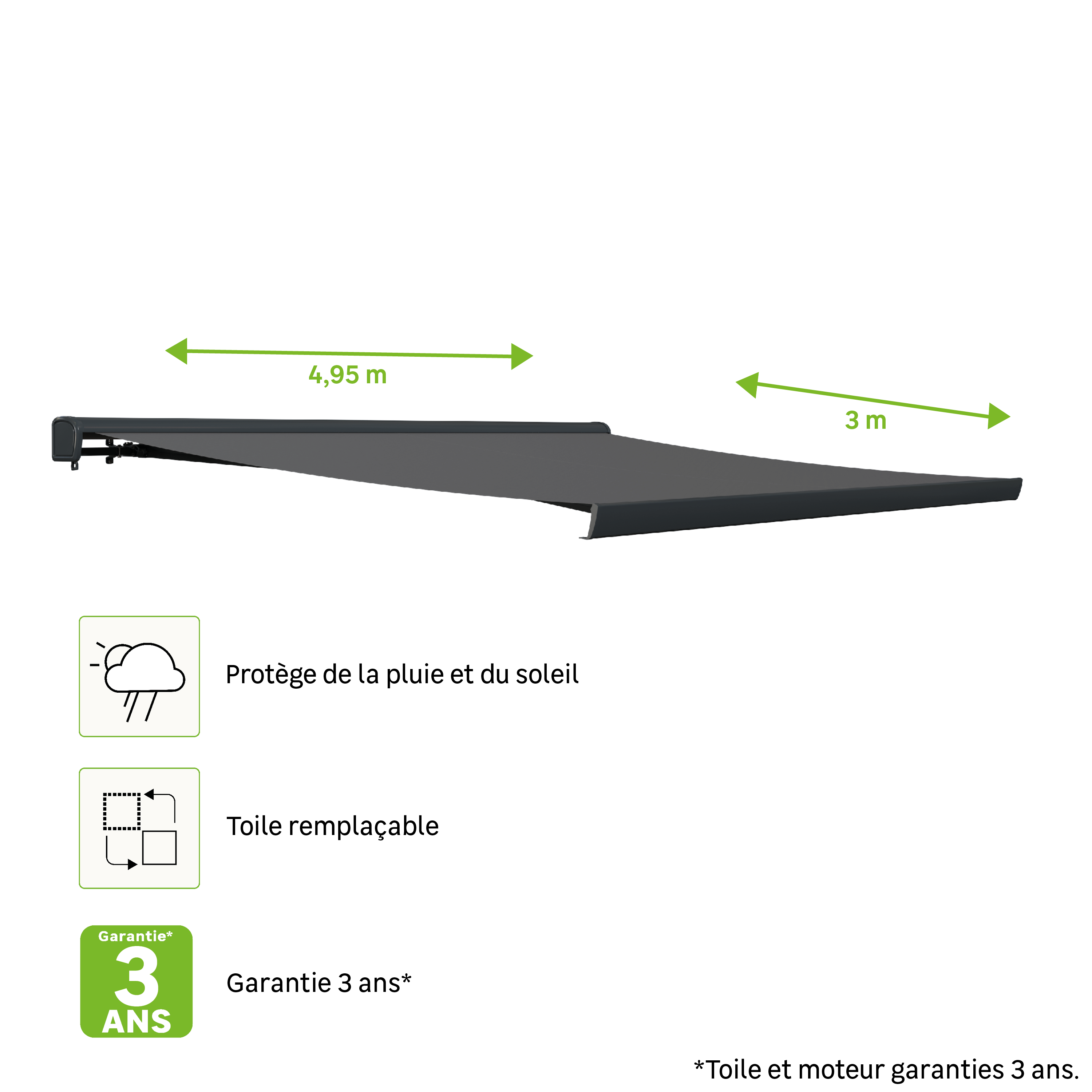 Store banne motorisé 4.95 x 3 m Zefir1 gris, toile polyester gris - 2