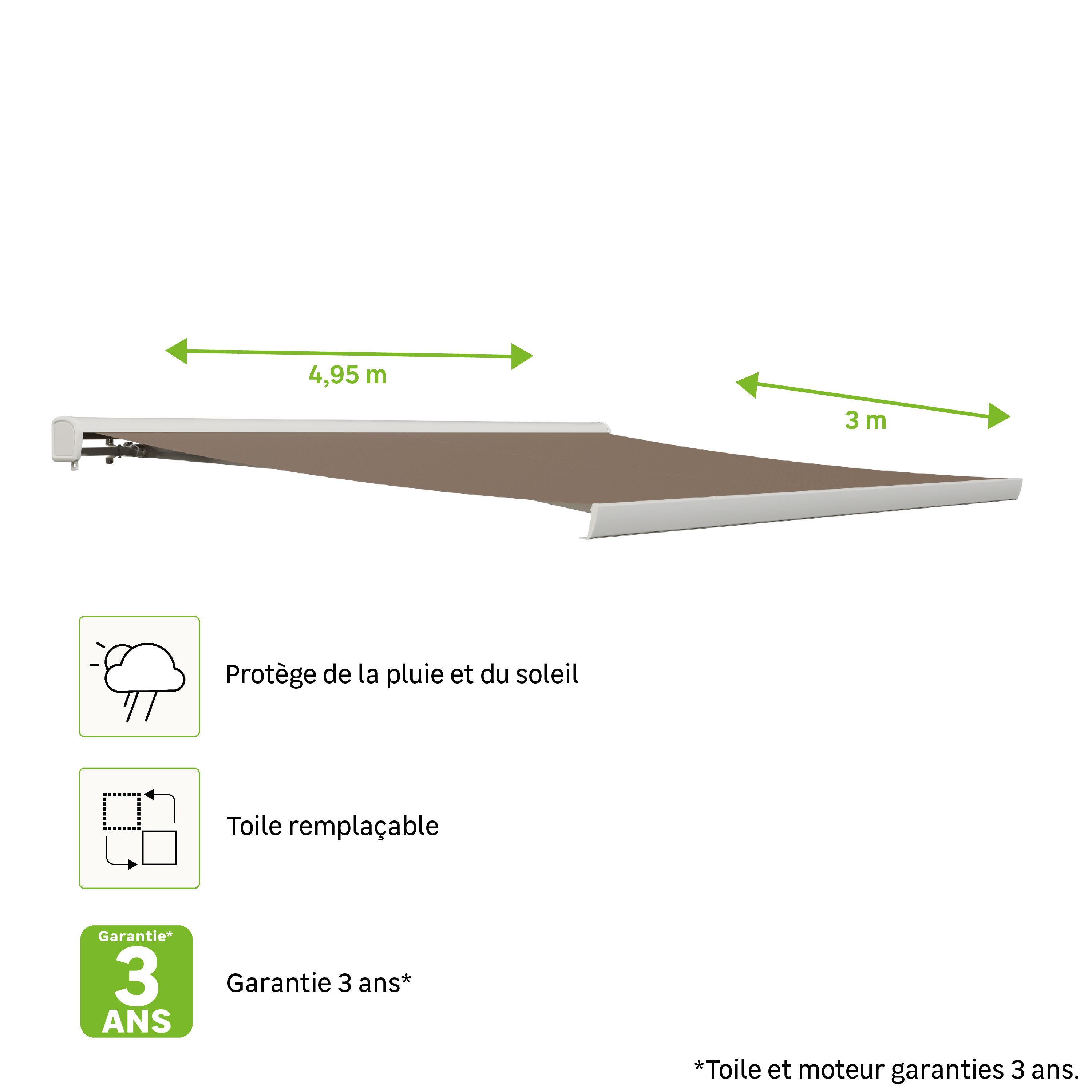 Store banne motorisé 4.95 x 3 m Zefir1 blanc, toile polyester taupe - 3
