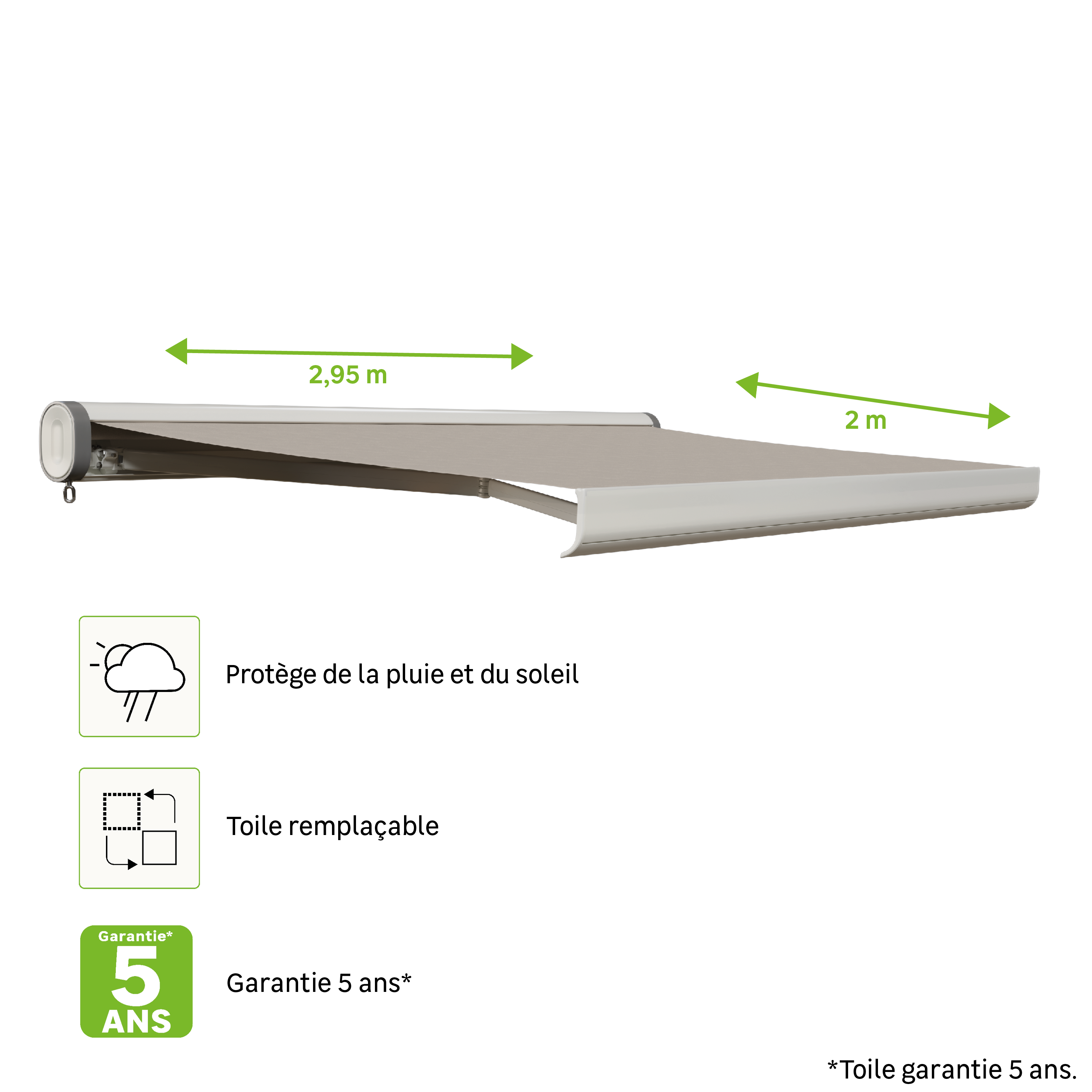 Store banne manuel 2.95 x 2 m Nori S blanc, toile acrylique beige - 4