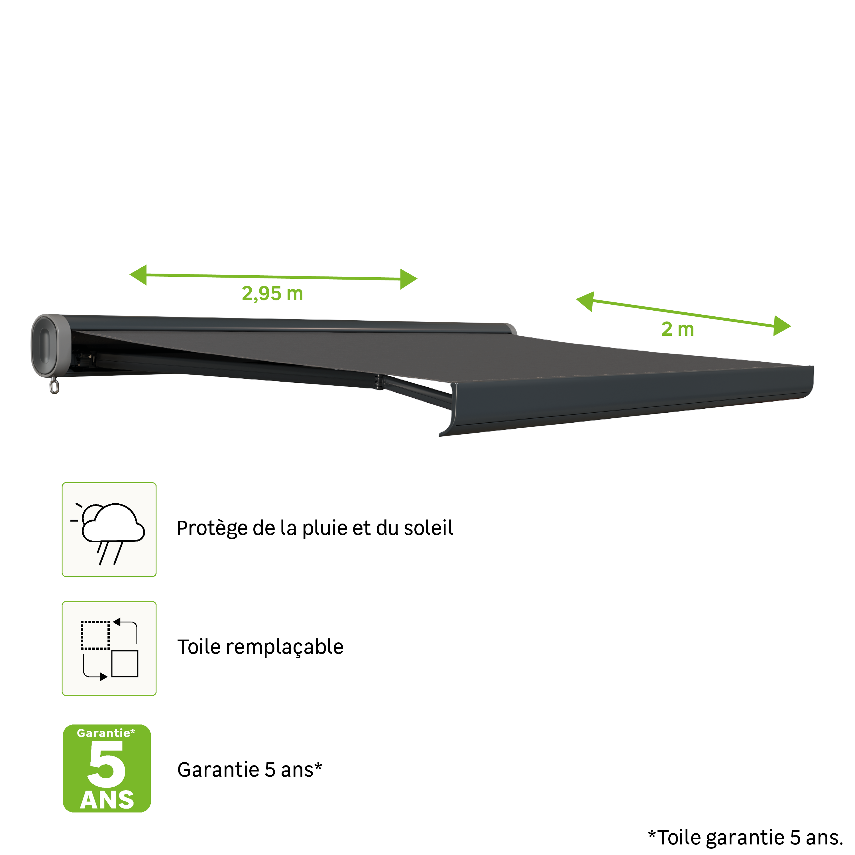 Store banne manuel 2.95 x 2 m Nori S gris, toile acrylique gris - 3