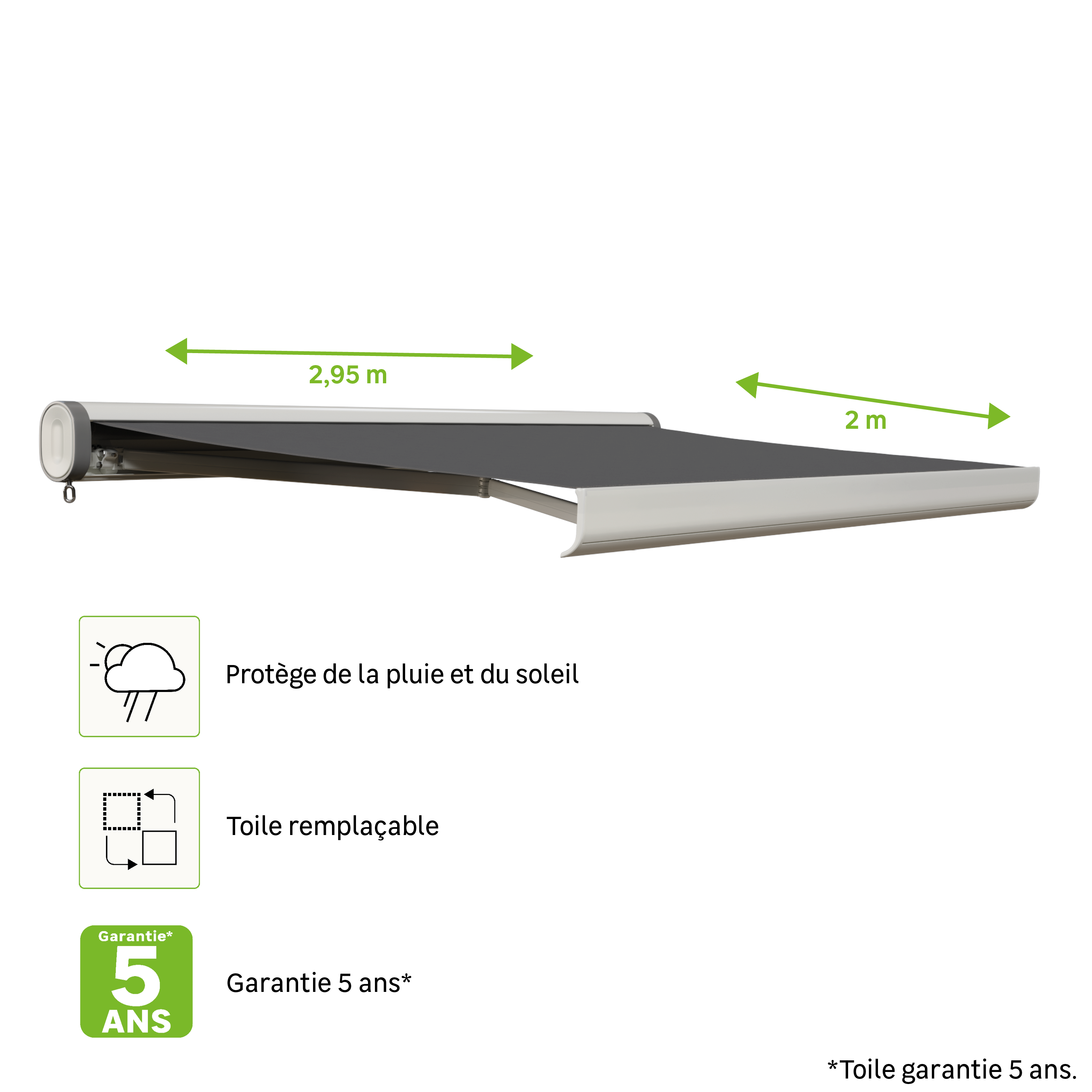 Store banne manuel 2.95 x 2 m Nori S blanc, toile acrylique gris - 12