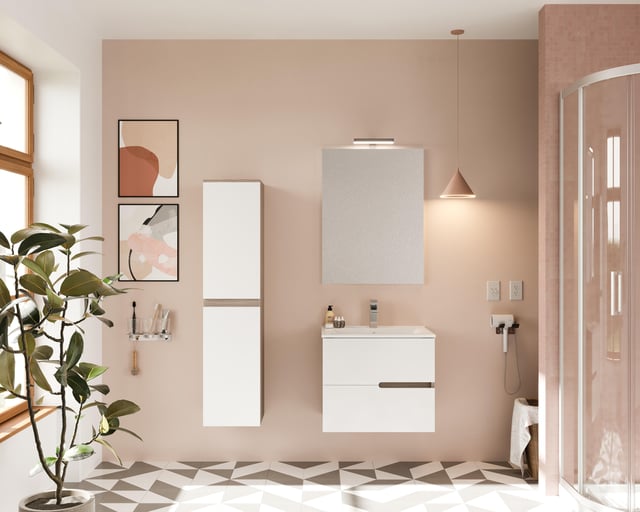 Mobile bagno sospeso con lavabo e illuminazione L 60 x H 53 x P 46.5 cm frontale bianco/laterali rovere fumo 2 cassetti per vasca centrale Eva