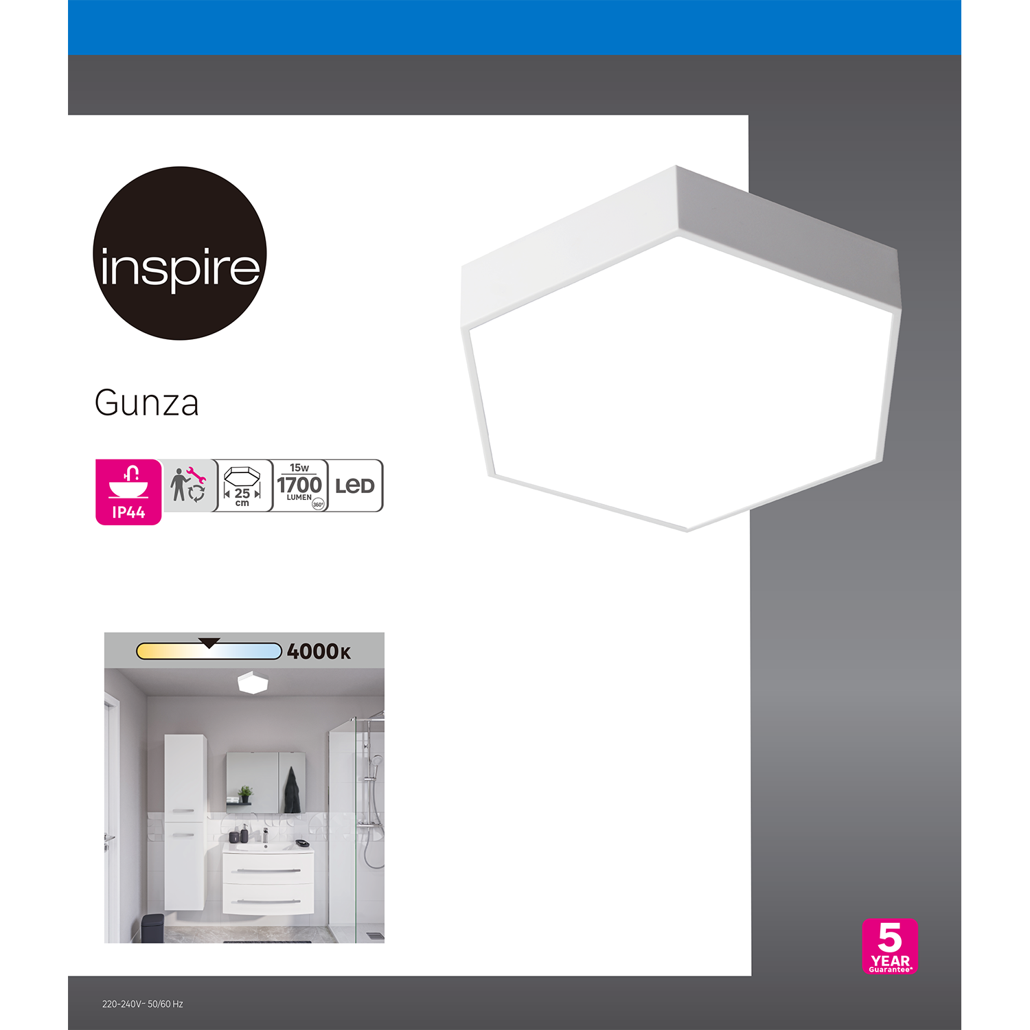 Plafonnier LED salle de bain Gunza, D.25 cm 1700 lm blanc neutre, blanc Inspire - 3