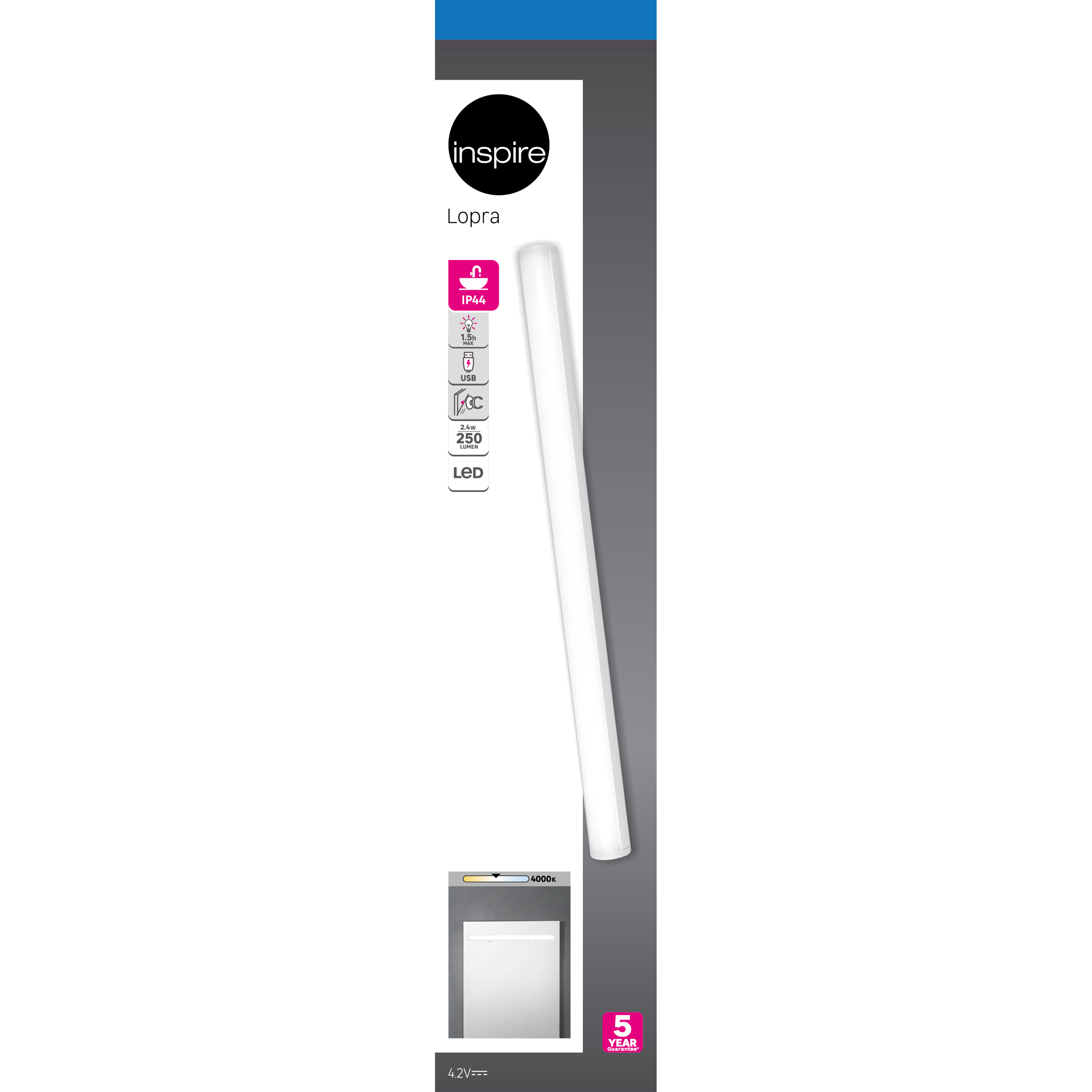 Aplique LED INSPIRE gris USB Ø25 250lm 4000K IP44 - 7