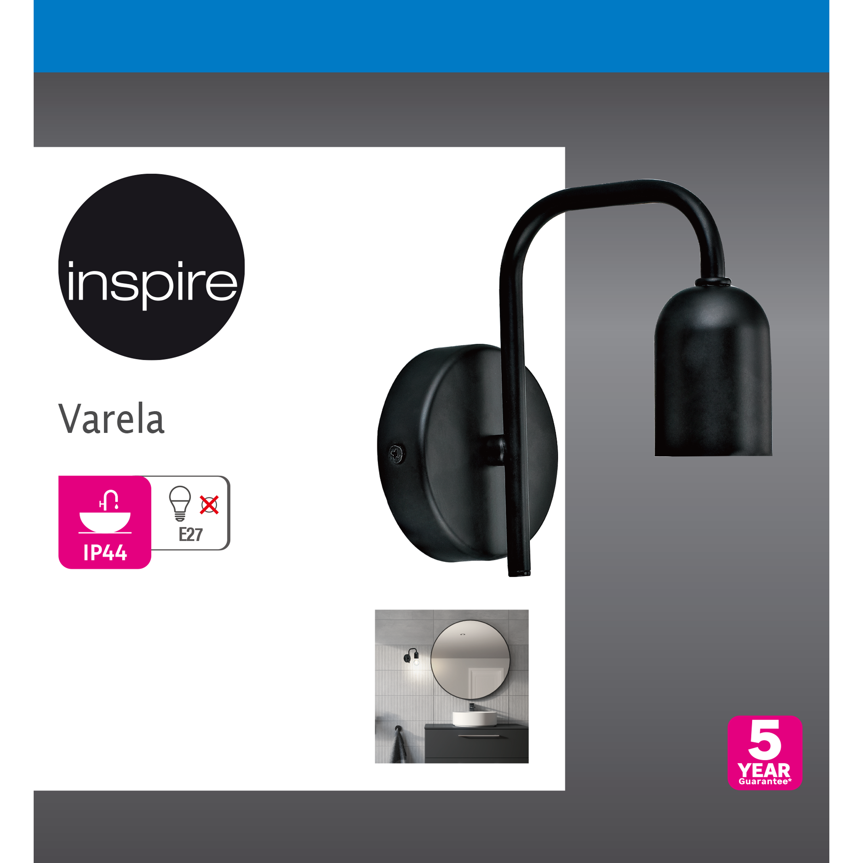 Candeeiro de parede VARELA E27 IP44 1 luz metal preto Inspire - 6