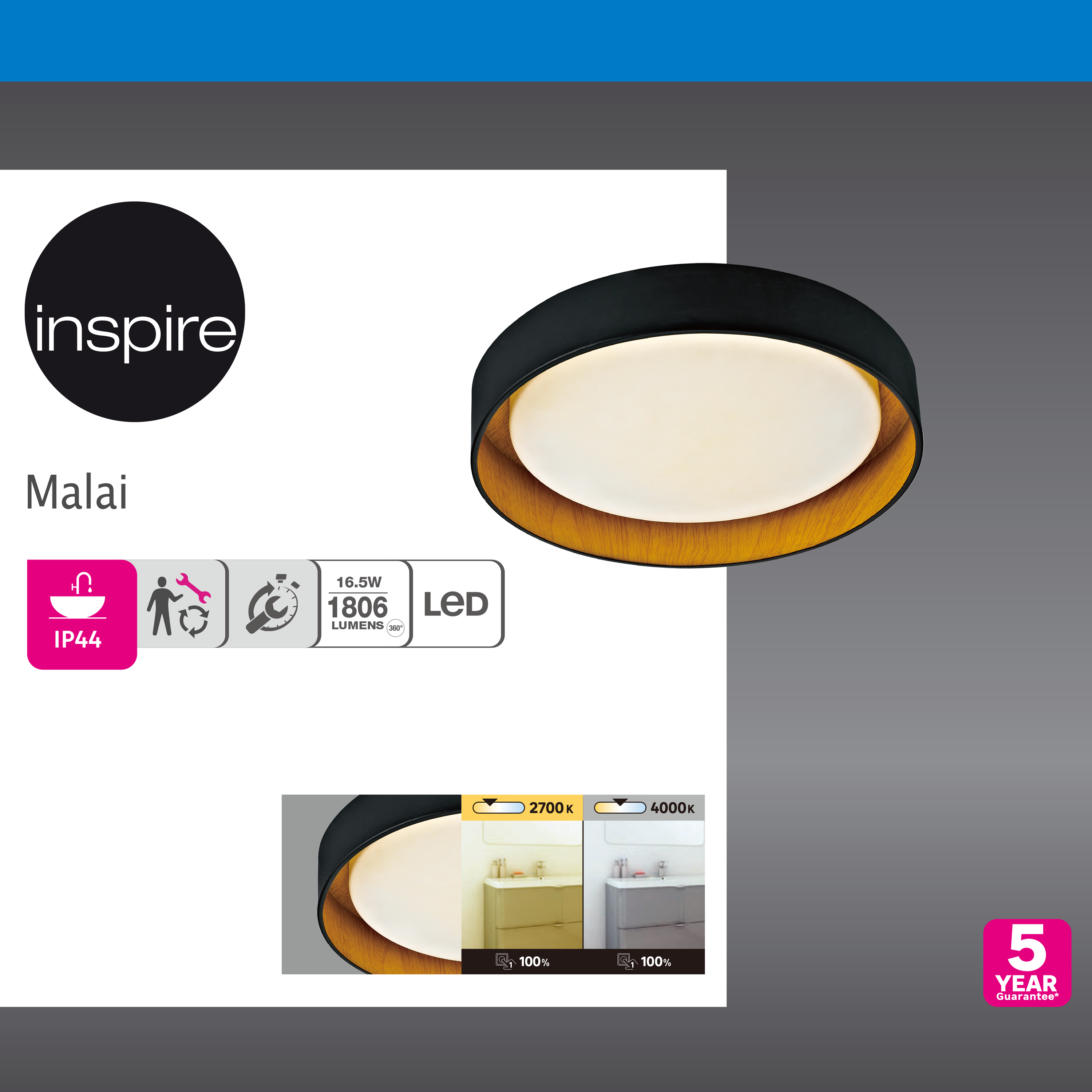 Plafonnier LED salle de bain Malai, D.30 cm 1700 lm blanc neutre, noir Inspire - 8